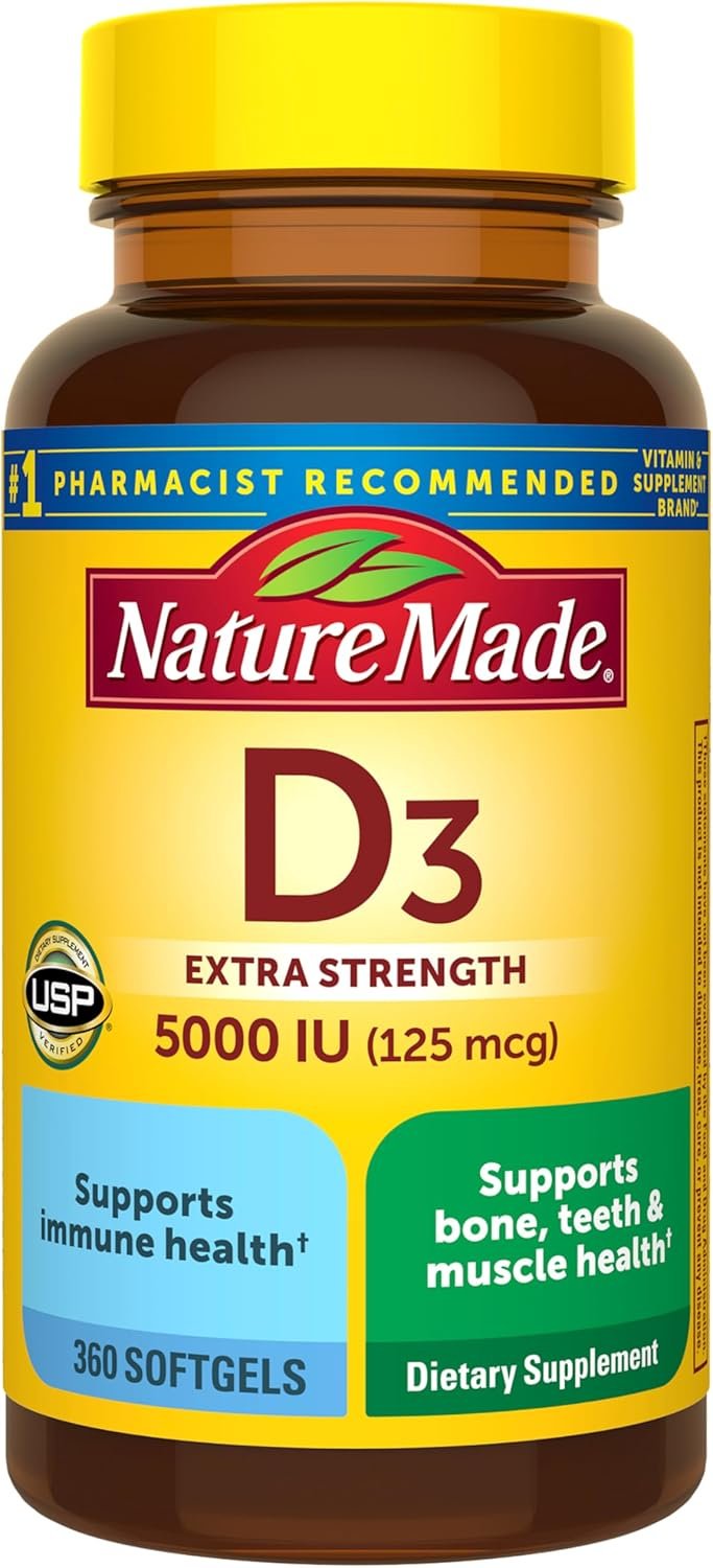 Nature Made Vitamin D3 5000 IU (125 mcg) Softgels, Extra Strength Vitamin D Supplement for Bone and Immune Health Support, 360 Count, 360 Day Supply