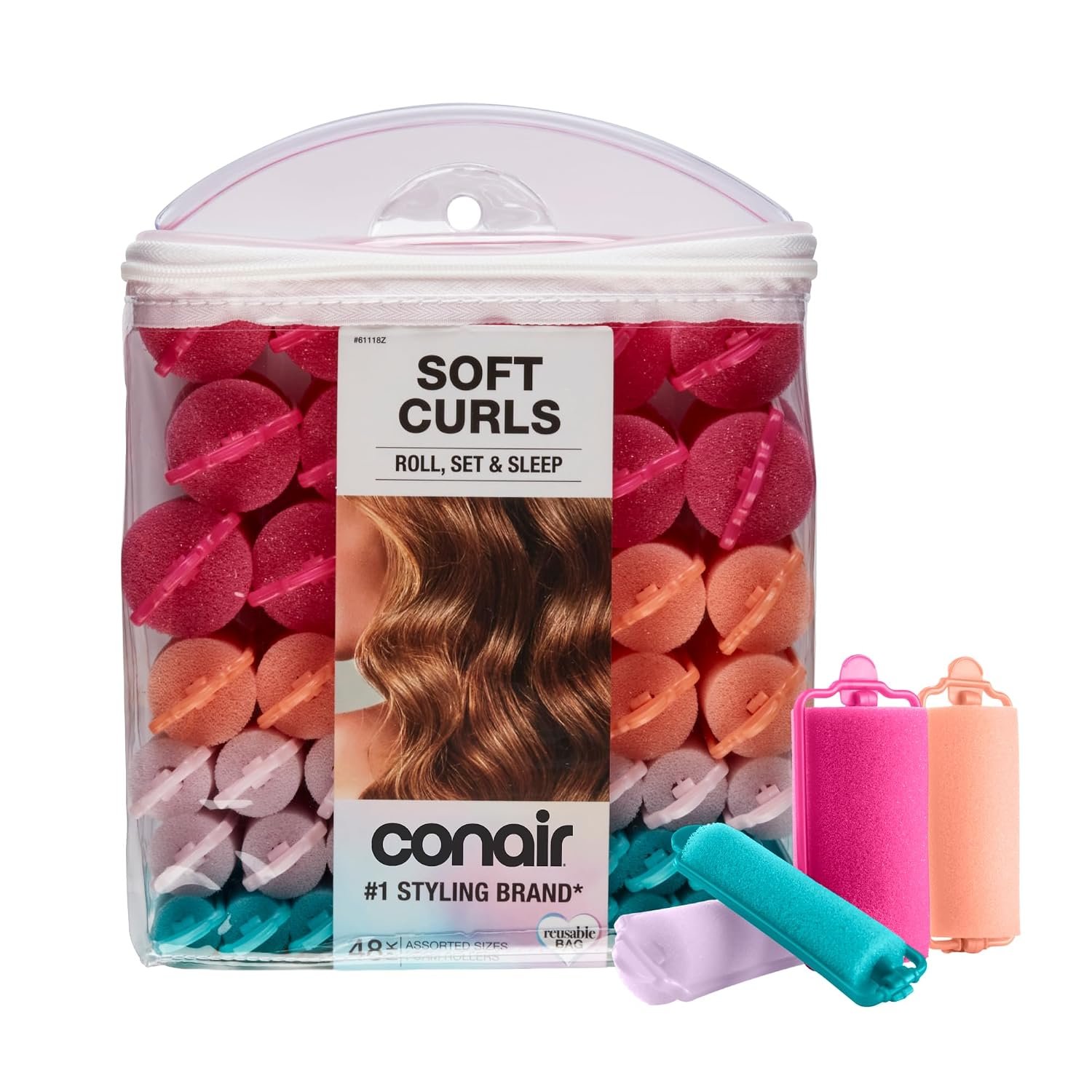 Conair Foam Overnight Heatless Curls Hair Rollers | Snaps-Shut Overnight Foam Curlers for Damage-Free Curls and Volume, Assorted Colors, 48-Count