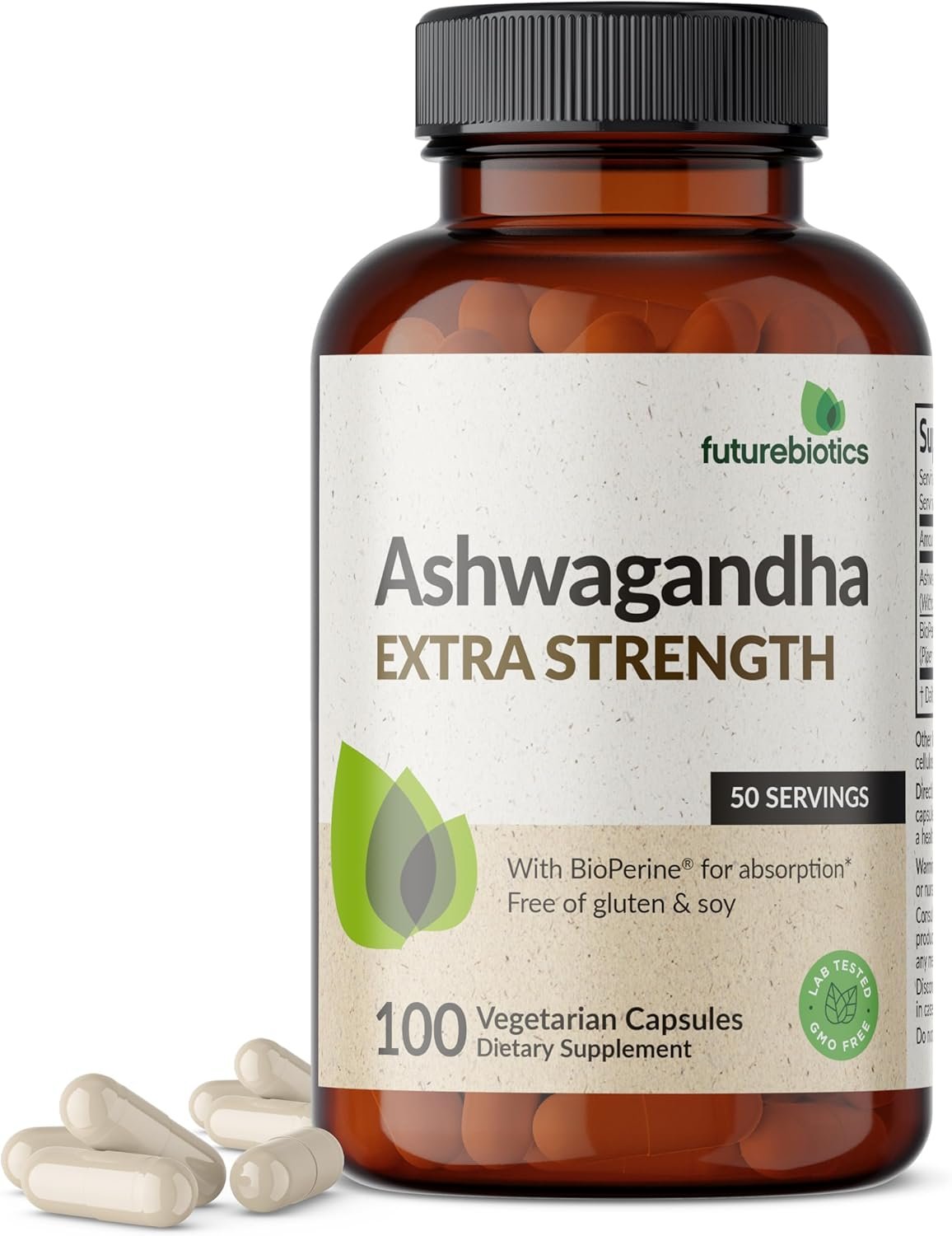 Futurebiotics Ashwagandha Extra Strength Stress & Mood Support 100 Capsules | Vegetarian, Non-GMO, Gluten-FREE, Soy-FREE, BioPerine for High Absorption