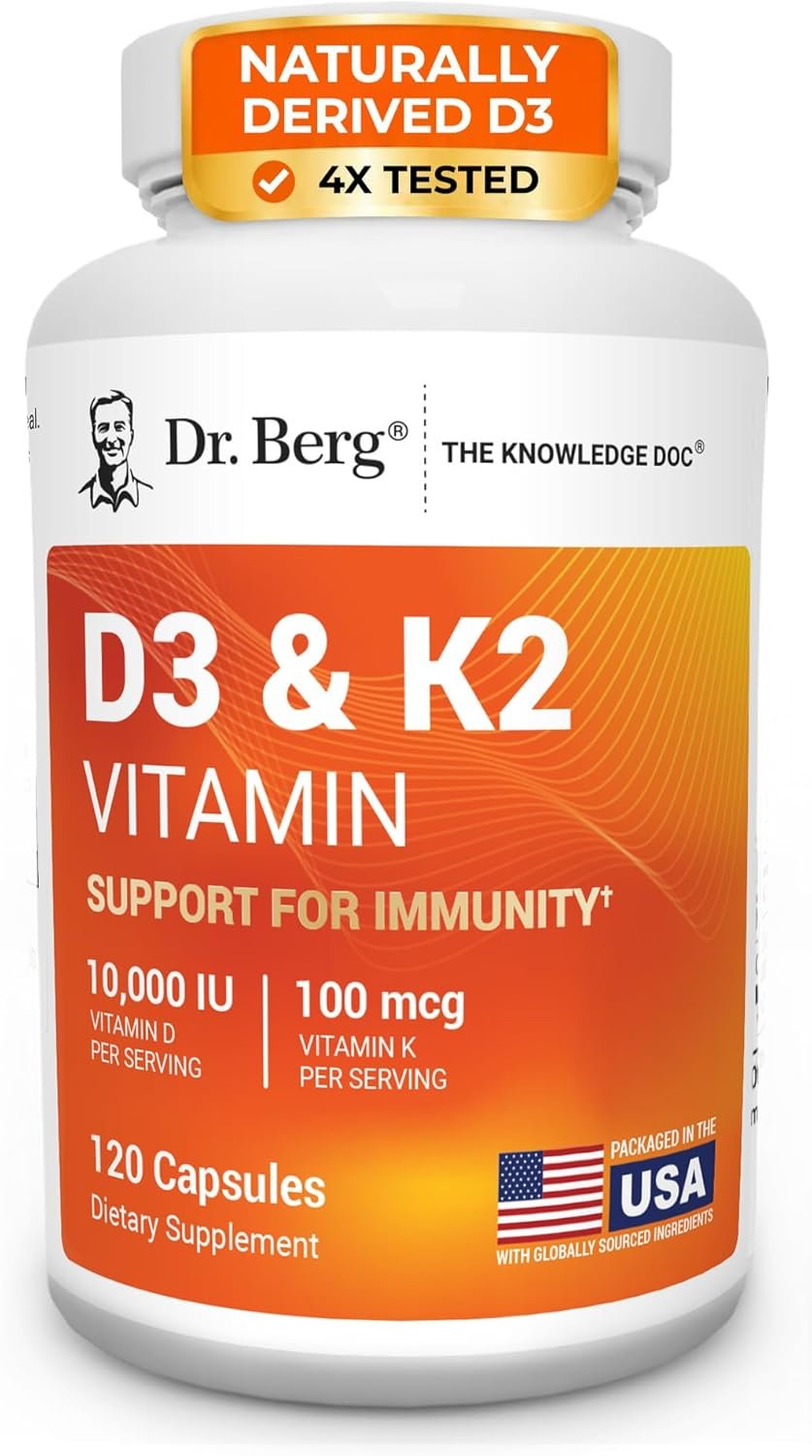Dr. Berg Maximum Strength 7-in-1 Vitamin D3 K2 10,000 IU | Naturally Derived D3 | 4X Lab-Tested & Verified | High Absorption Formula | K2 D3 Vitamin Supplement | 120 Capsules
