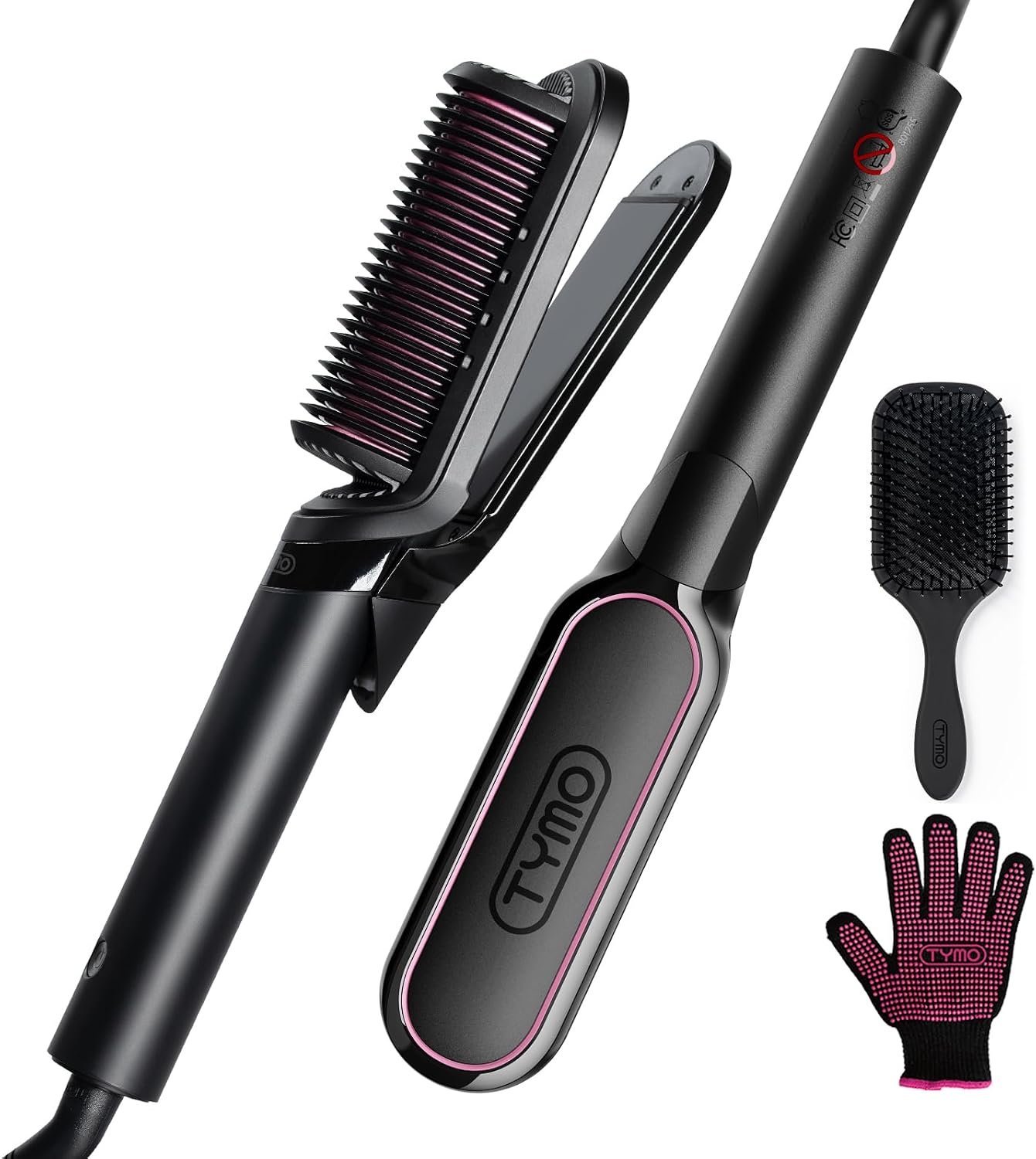 TYMO Flat Iron Hair Straightener Brush 2 in 1, 200M Ions Hair Straighteners for Women, Ceramic Straightening Hot Comb for Anti-Frizz Straights, Waves, Curl, 3X Less Heat Damage, Dual Voltage, Black