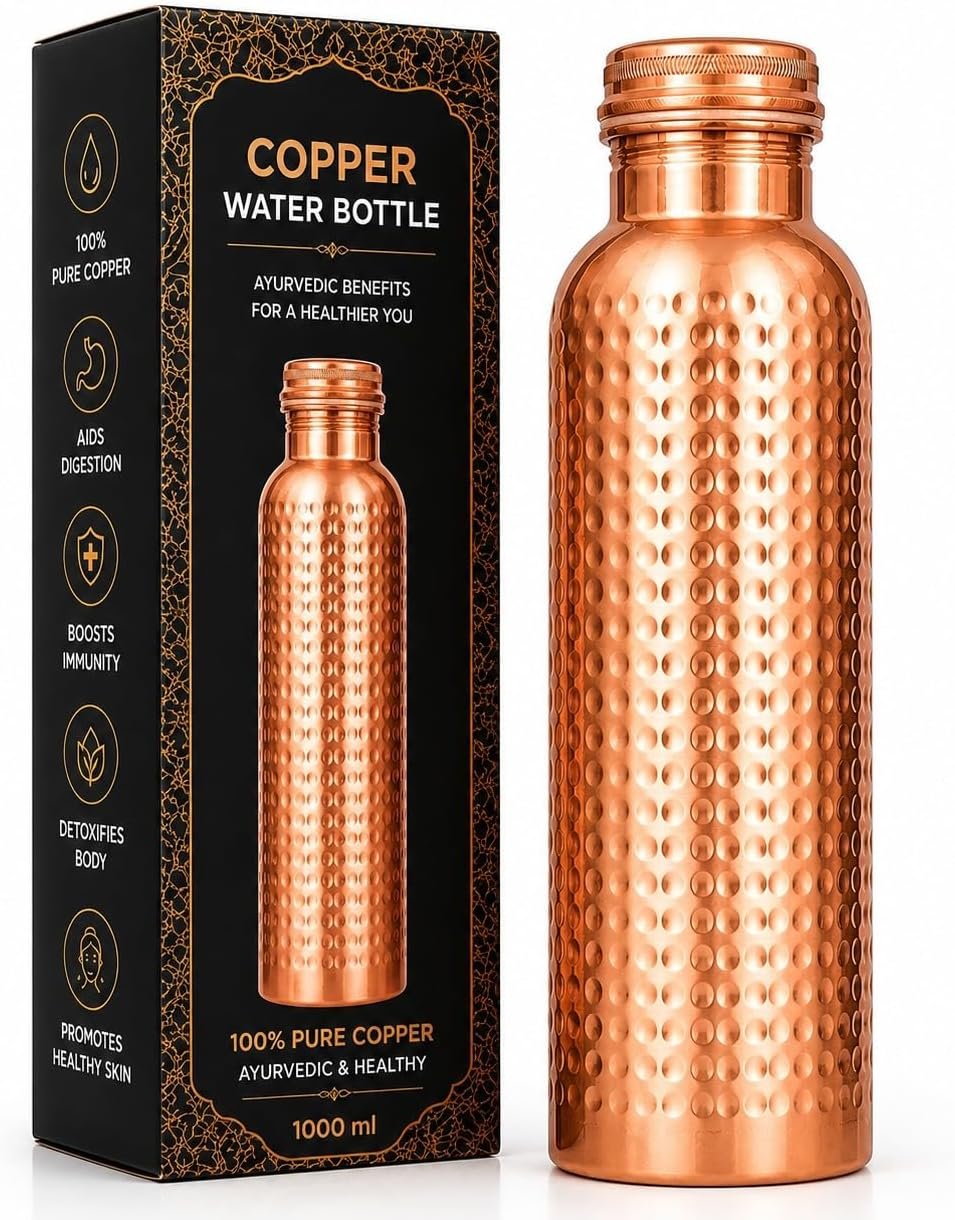 Copper Water Bottle (34oz/1000ml) 100% Pure Handmade Hammered Ayurvedic Pure Copper Vessel for Drinking Heavy Duty & Leak-proof