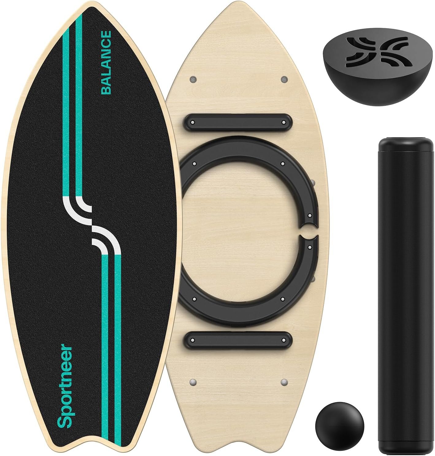 Sportneer Balance Board Upgrade – 8-in-1 Wooden Wobble Board with Roller, Rubber Ball & Half Ball, Balance Trainer for Adults, Core Strength & Physical Therapy Equipment 450 LBS