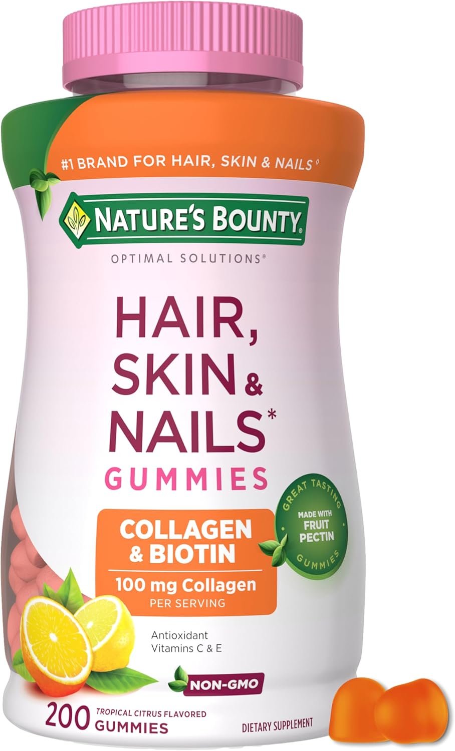 Nature’s Bounty Optimal Solutions Hair, Skin and Nails Collagen Pectin Gummies, 100 mg Collagen and 2,500 mcg Biotin Per Serving, No Stick Gummy, Tropical Citrus Flavor, 200 ct, 100 Total Servings