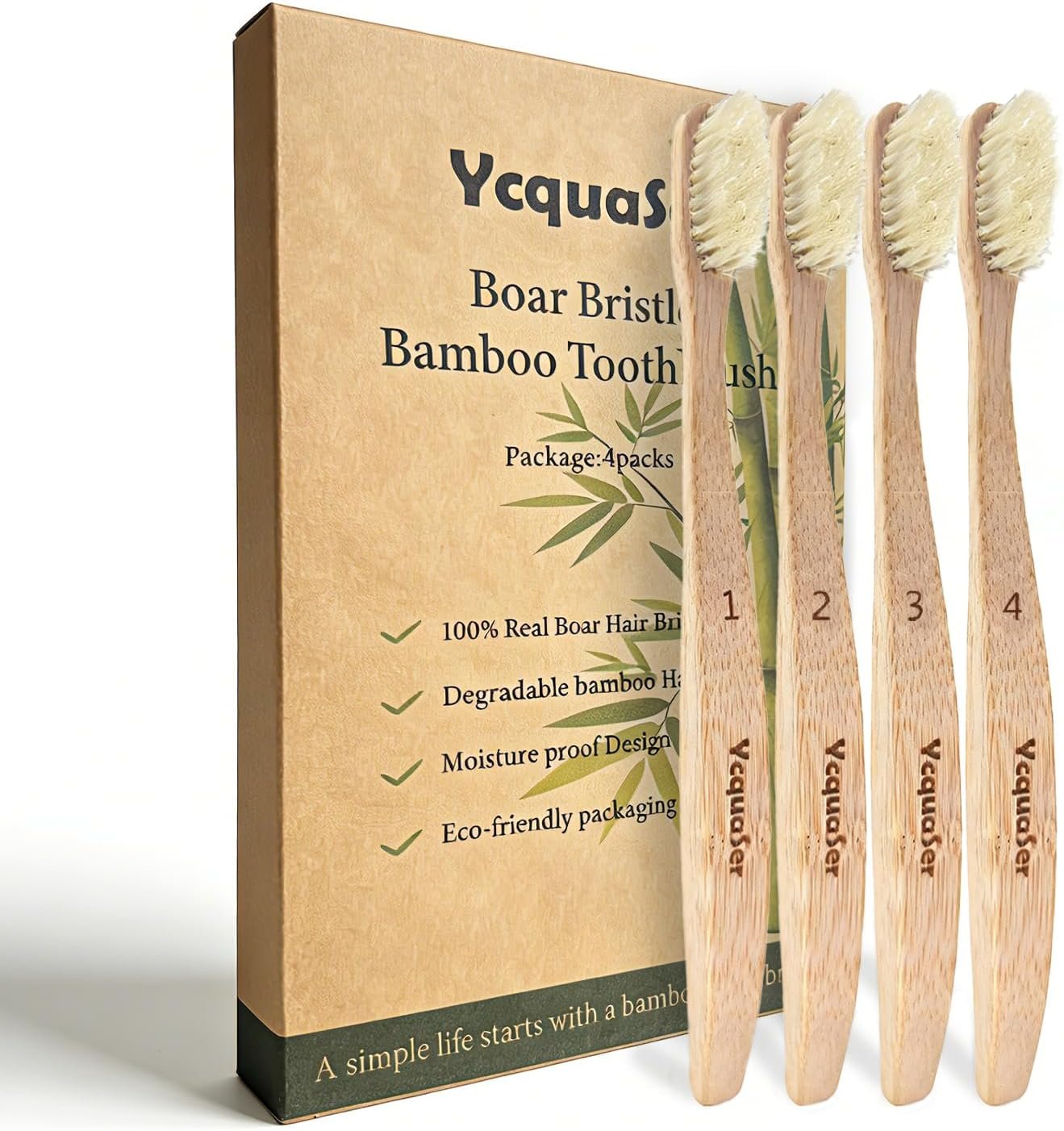 Premium Boar Bristle Bamboo Toothbrush (4 Pack) | 100% Plastic & Nylon Free | Gentle Deep Clean | Compostable Eco Friendly Zero Waste