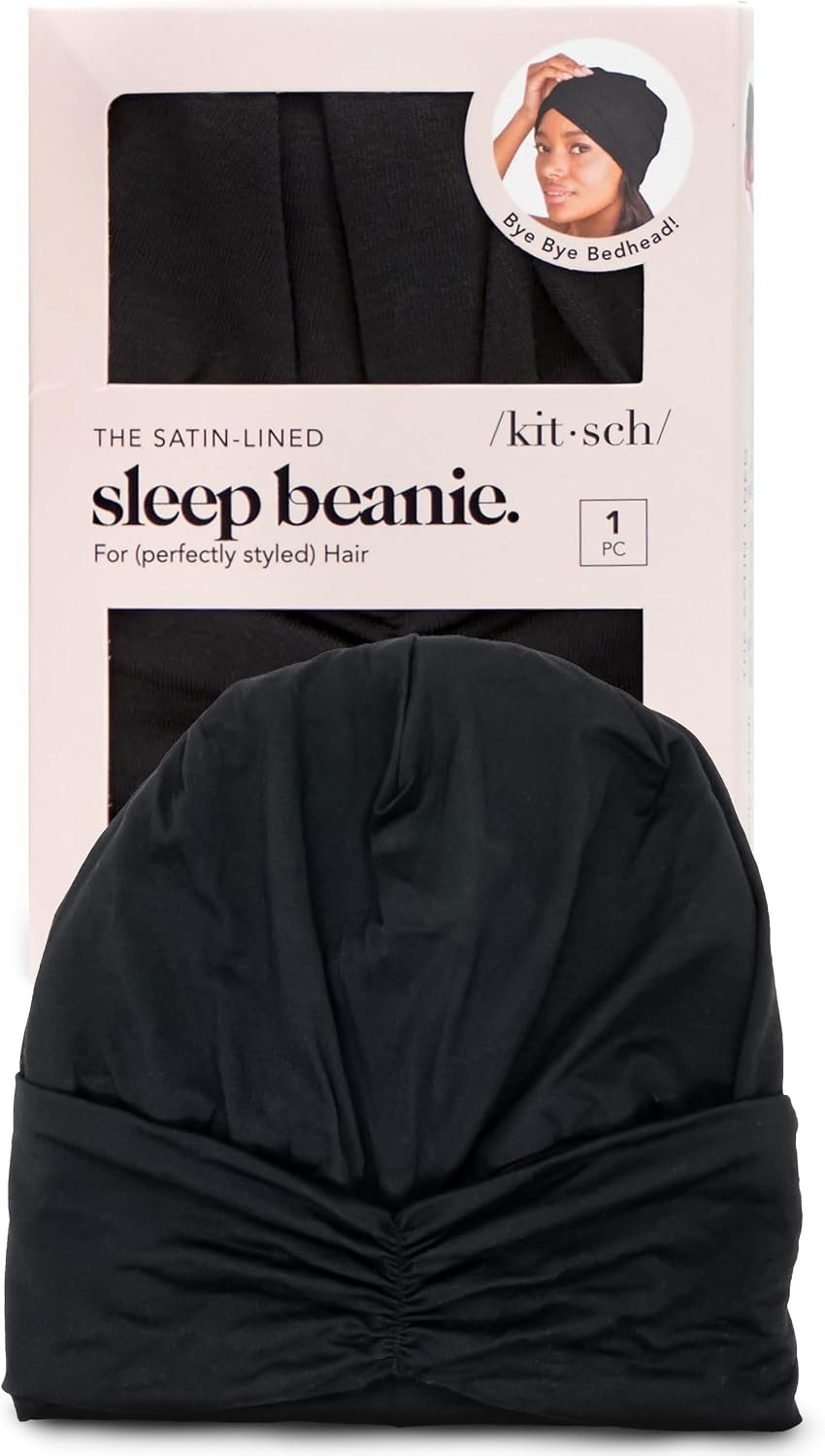 Kitsch Satin Lined Beanie – Softer than Silk Beanie For Sleeping Women, Breathable Hair Cover for Sleeping, Slouchy Beanies, Bonnets for Women, Hair Wrap, Reduce Breakage for Frizz-free Hairs – Black