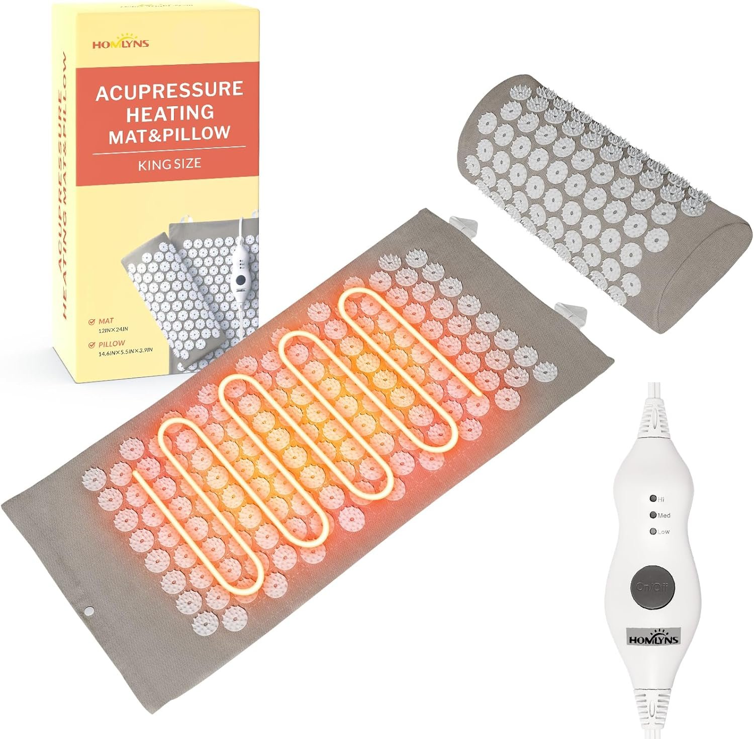 HOMLYNS Heated Acupressure Mats – 3 Heat Levels with 2 Hours Auto Off, Heating Acupuncture Mat Full Body Massage for Pain Relief Pad in Grey