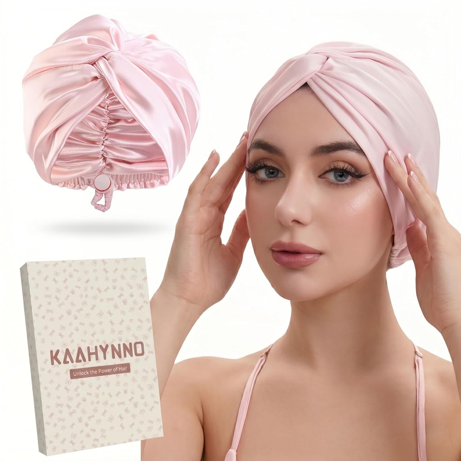 Adjustable Silk Satin Bonnet for Sleeping Hair Wrap, Double Layer Sleep Cap, Night Turban for Large Long Curly Braid Women Men Hair – Pink
