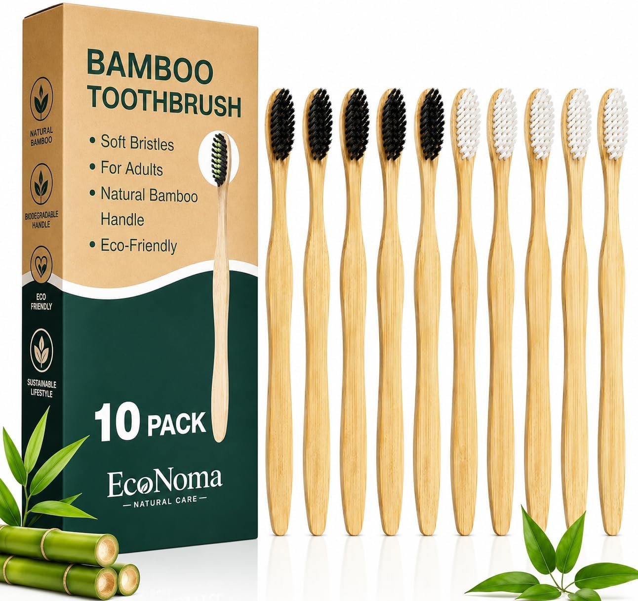 Bamboo Toothbrushes for Adults 10 Pack – Eco Friendly Wooden Toothbrush, Soft BPA Free Bristles, Biodegradable Organic Toothbrush, Plastic Free Natural Toothbrush Bulk