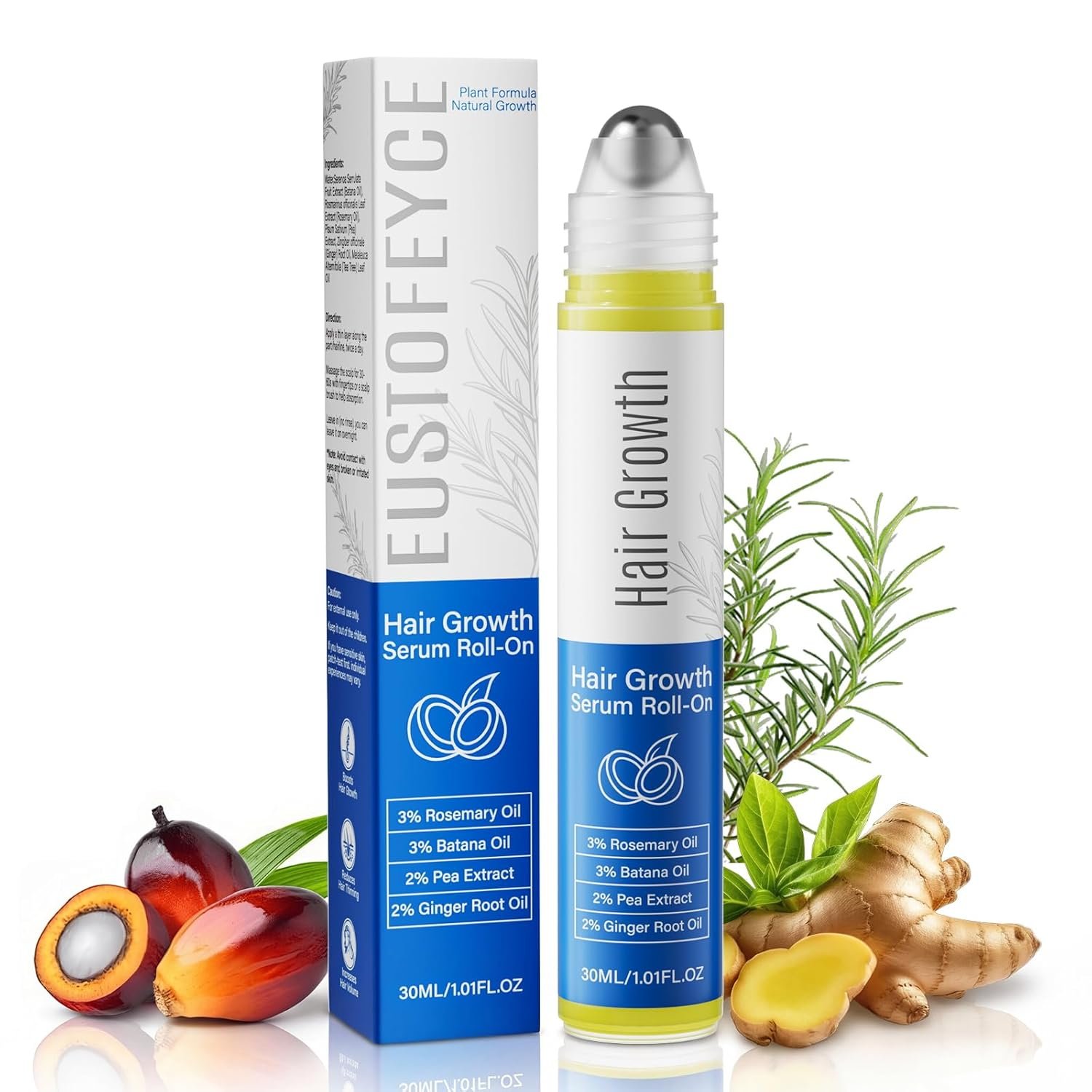 Hair Growth Serum Roll On with 3% Rosemary,3% Batana Oil,2% Pea Extract,2% Ginger Root Oil,Stronger Root,stimulate follicle,Hair Thicker,Hair Loss Treatment,Hair Growth Serum(30ML/1.01FL.OZ)