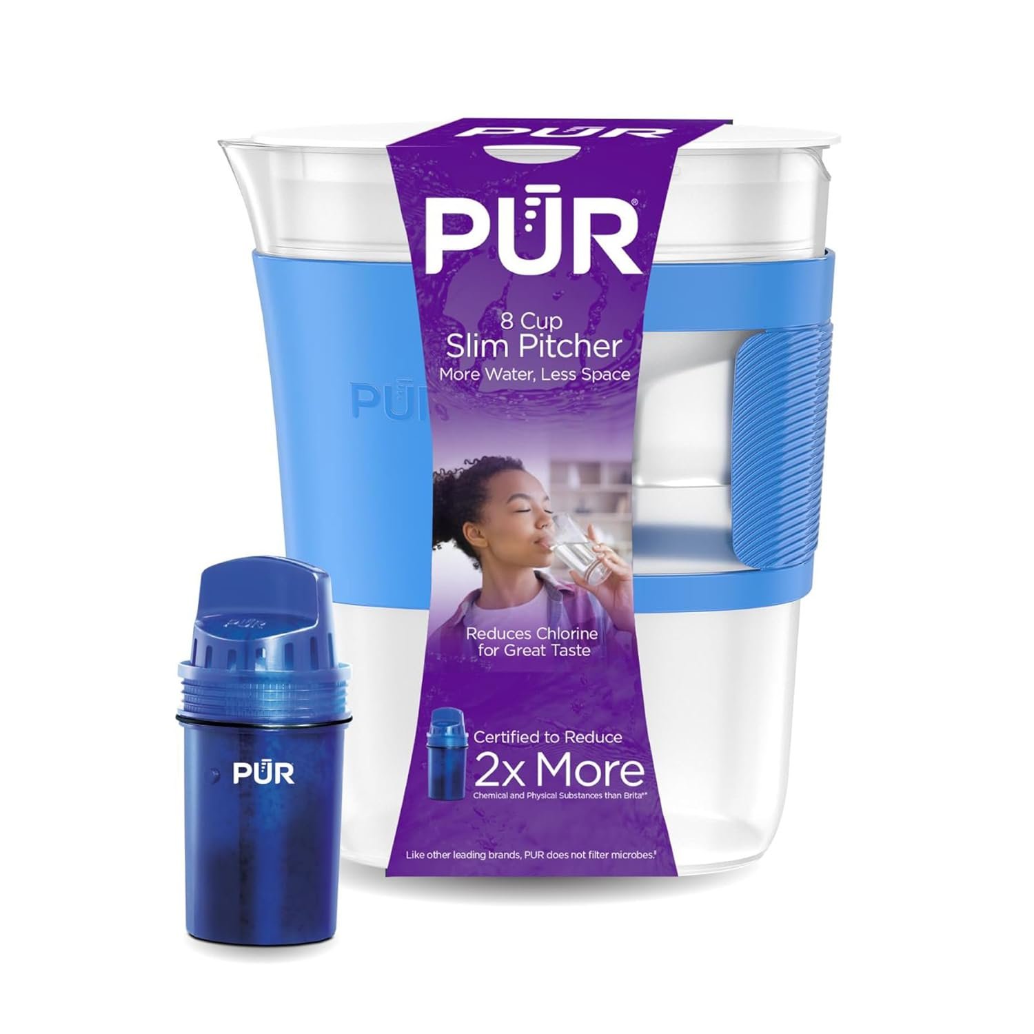 PUR Slim Water Filter Pitcher, 8-Cup Capacity, Compact Design for Dorms & Mini Fridges, Dishwasher Safe, Fast Filtration, Includes 1 Filter for Cleaner Great-Tasting Drinking Water Filtration, Blue