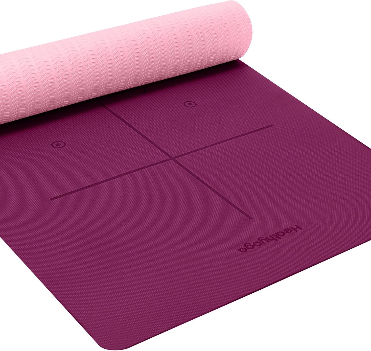 Heathyoga Yoga Mat Non Slip TPE Pilates Exercise Mats for Home Workout Gym Fitness Eco Friendly Thick Hot Yoga Mat with Strap Body Alignment,72″x 26″ Thickness 1/4″