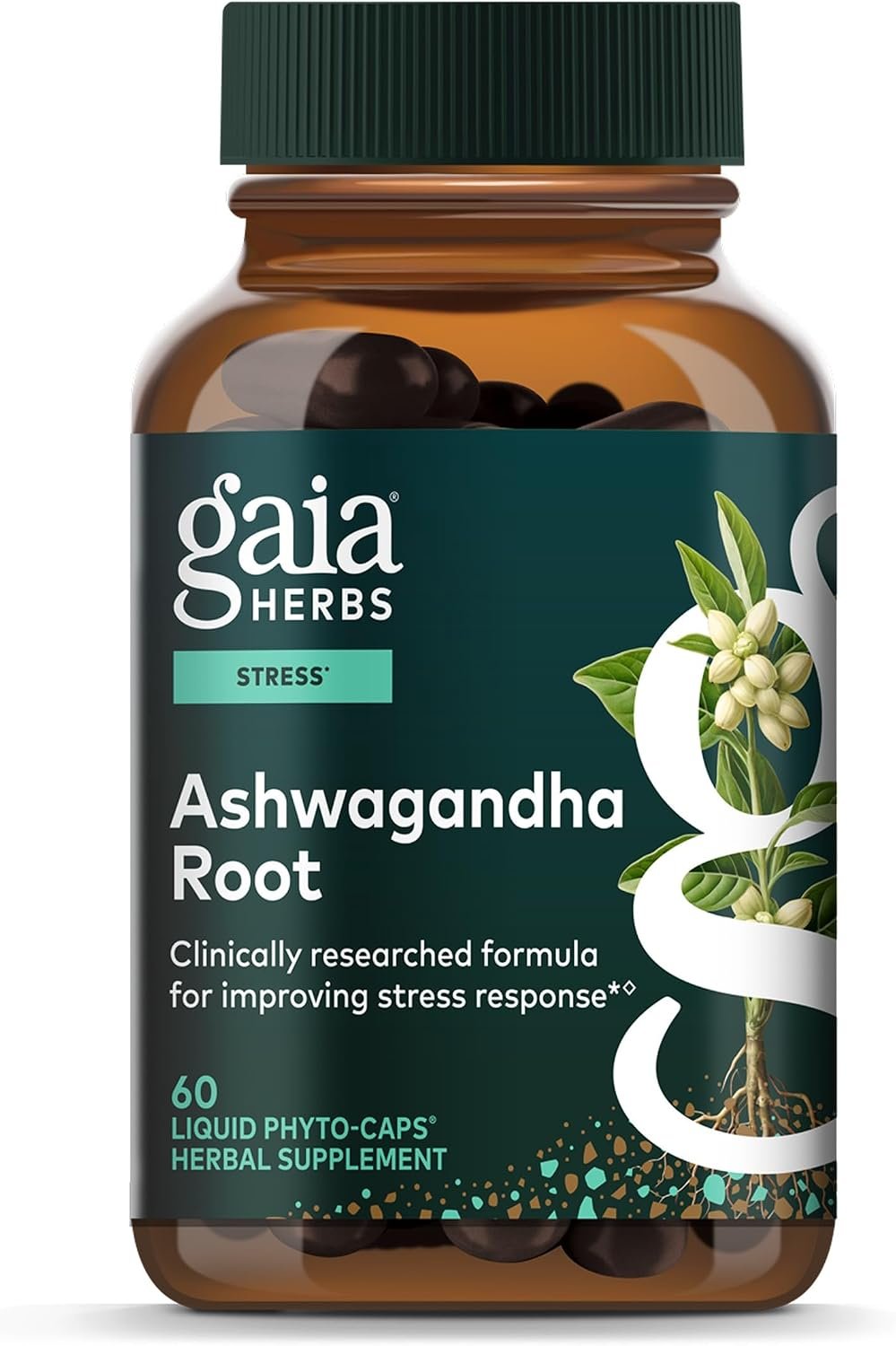 Gaia Herbs Ashwagandha Root 350 mg – Supports Balanced Energy Levels & Positive Outlook*- Supports Healthy Cortisol Balance* – 60 Vegan Liquid Phyto-Caps (30 Servings)