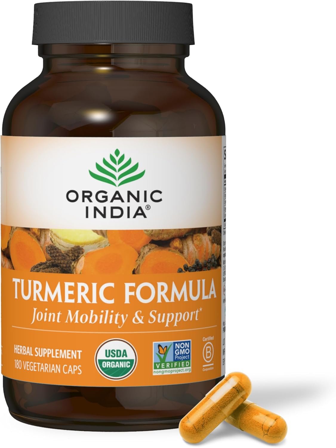 ORGANIC INDIA Turmeric Curcumin Herbal Supplement – Joint Mobility & Immune Support, Healthy Inflammatory Response, Whole Root Supplement, Trikatu, USDA Certified Organic, Non-GMO – 180 Capsules