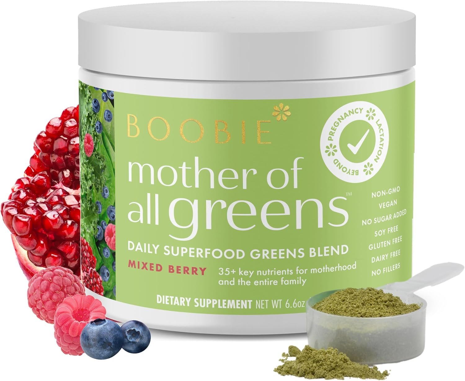 Boobie Pregnancy & Breastfeeding Superfood Greens Powder | Safe for Nursing Moms | 35+ Nutrients for Prenatal, Postpartum & Family Nutrition | Vegan, Gluten Free, Sugar Free | Mixed Berry, 30 Svgs