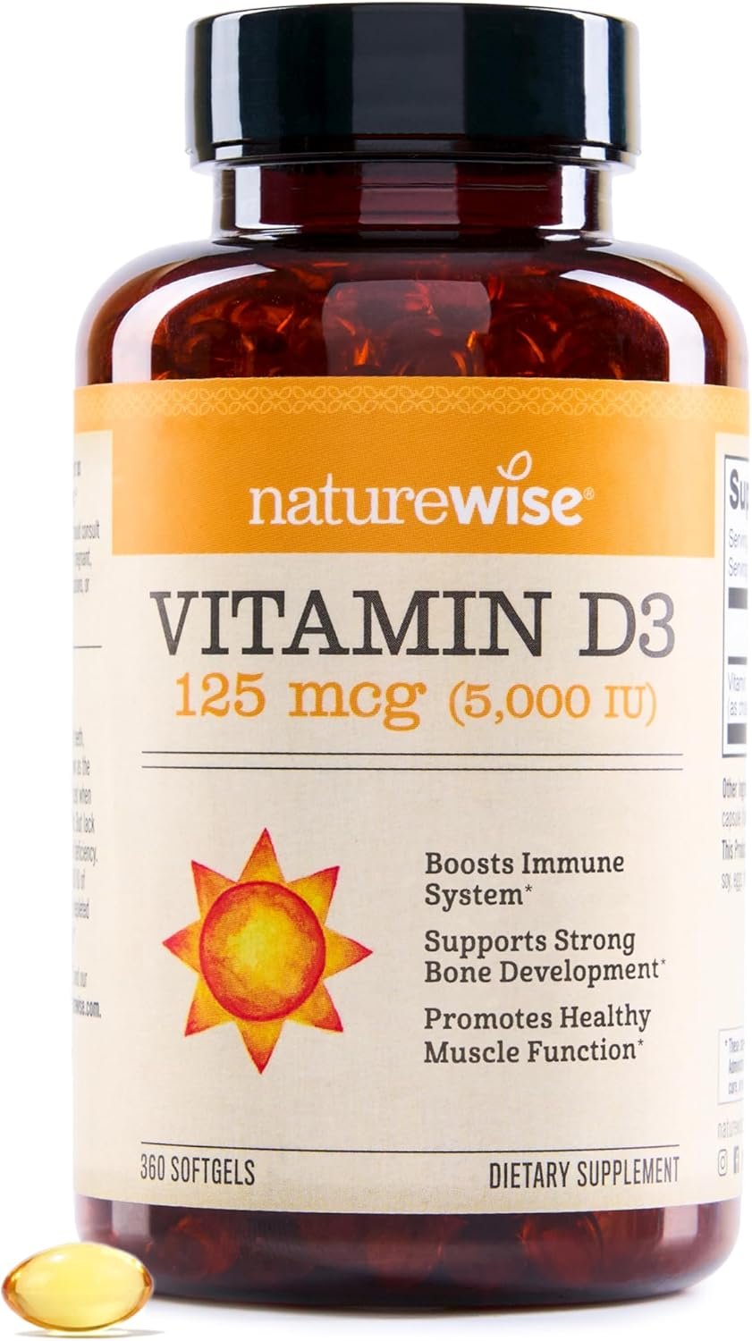 NatureWise Vitamin D3 5000iu (125 mcg) 1 Year Supply for Immune Support, Healthy Muscle Function, and Bone Health, Gluten Free in Organic Extra Virgin Olive Oil, (Mini Softgel), 360 Count