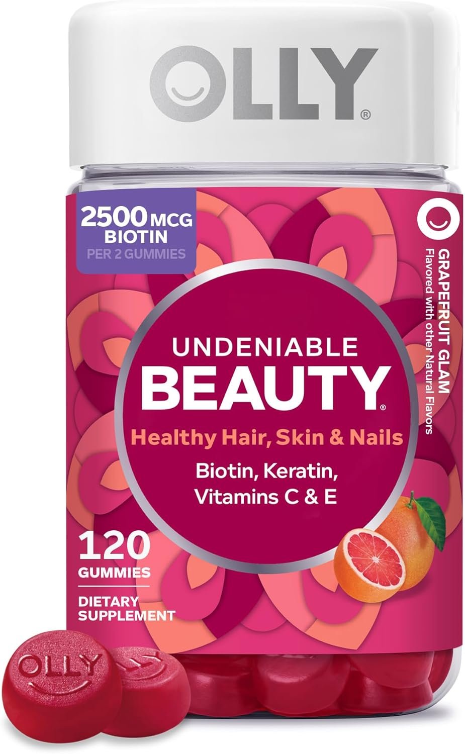 OLLY Hair Skin and Nails Gummies – Undeniable Beauty with Biotin 2500mcg Per 2 Gummies, Keratin & Vitamin C – Supports Healthy Hair, Skin, & Nails – Grapefruit Flavor – 120 Count