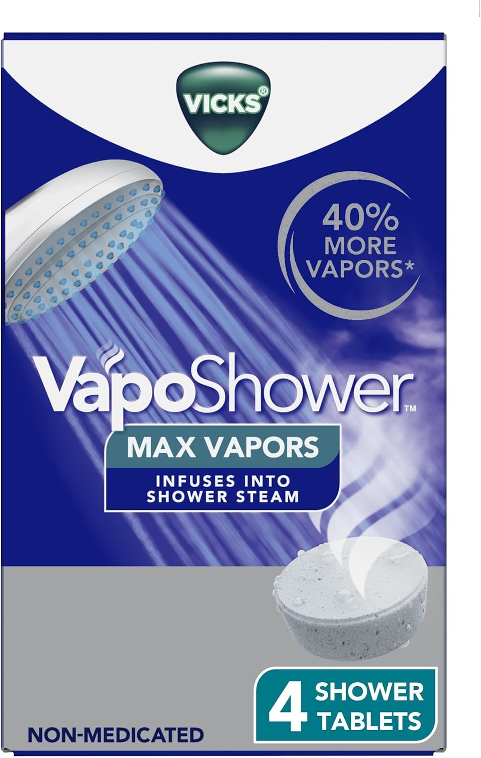 Vicks VapoShower Max Tablets, Non-Medicated Eucalyptus Shower Steamer Tablets, Menthol, Aromatherapy, 4ct