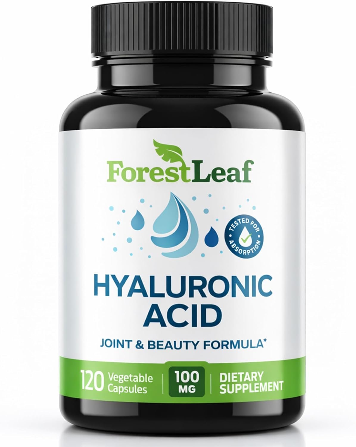 ForestLeaf Hyaluronic Acid Supplements | 100mg High Bioavailable Dietary Hyaluronic Acid Powder Capsules + 50mg VIT C | Supports Skin Hydration, Joint Lubrication, Anti-Aging, Hair & Nails | 120 Caps