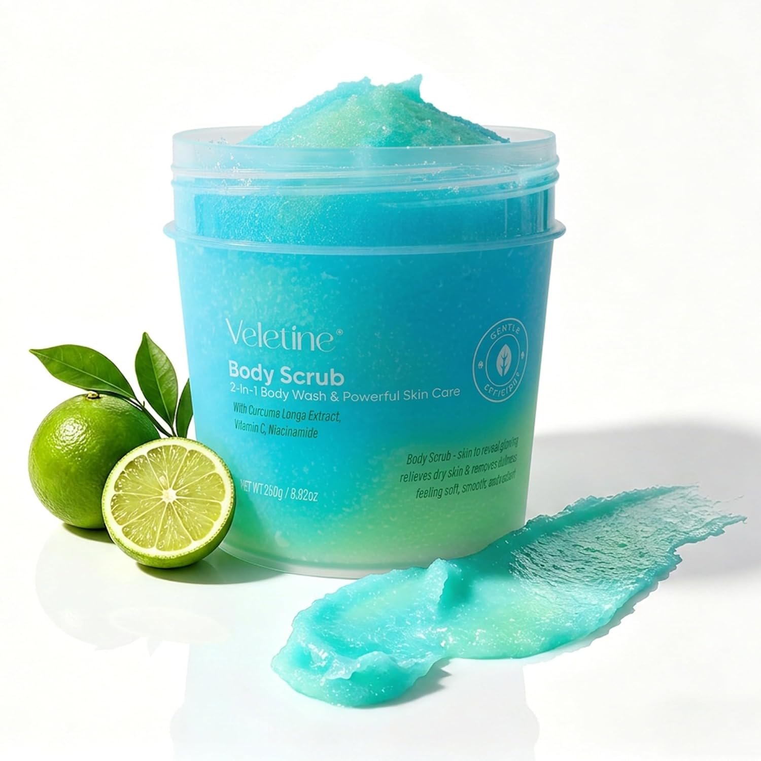 Salt Body Scrub with Turmeric Vitamin C Niacinamide, Gentle Exfoliating Scrub for Body, Face, Hands & Feet, Moisturizing for Women Men, 8.8oz/250g (Blue Green)