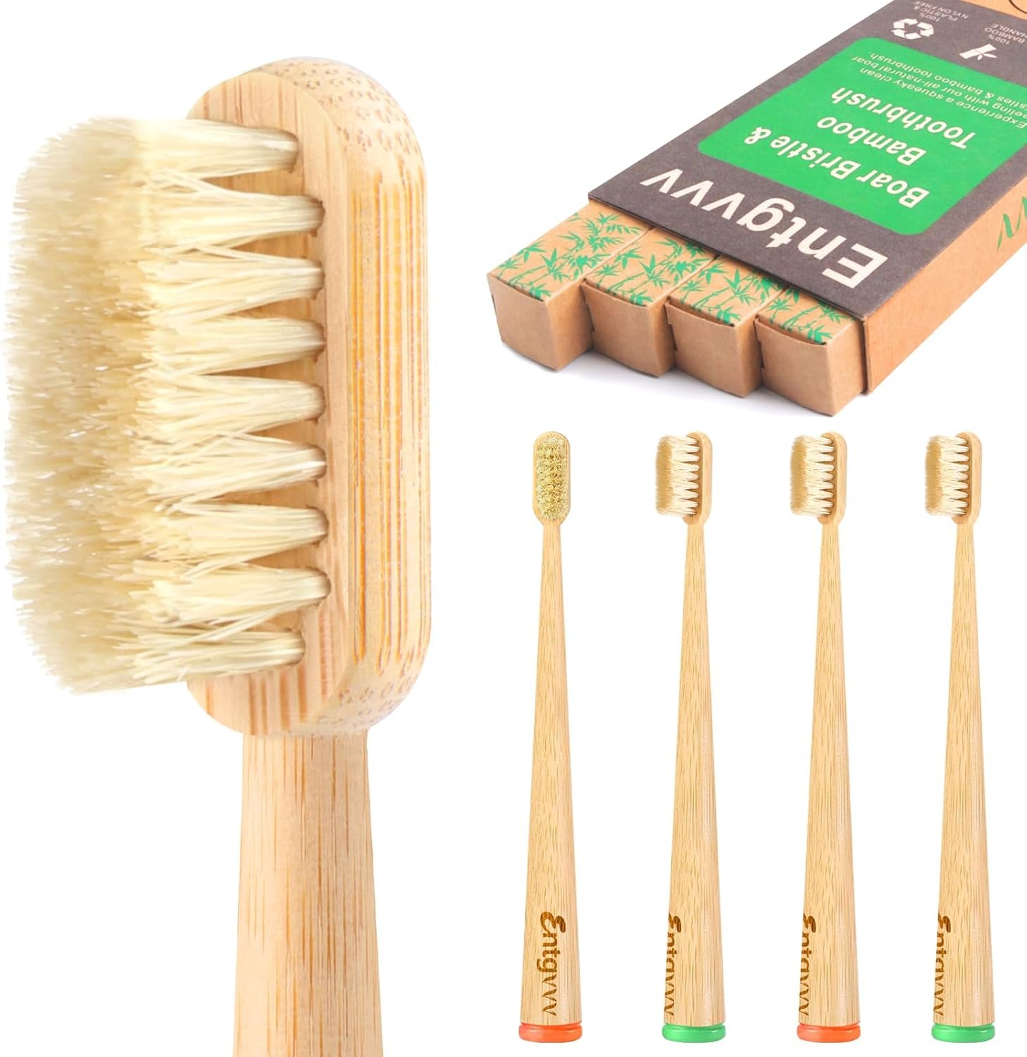 Boar Bristle Toothbrush, 4 Pack Non Plastic Bamboo Toothbrushes, Plastic Free Natural Bristle Toothbrush, Wooden Manual Toothbrushes, Organic Non Toxic Tooth Brush for Adults, Medium, BPA Free