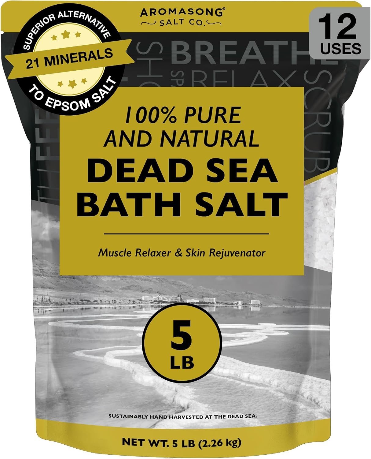 Aromasong Dead Sea Bath Salt – 100% Pure & Natural Dead Sea Salts for Soaking Fine Grain 5 LB – Bulk Resealable Pack – Used for Body wash Scrub – Soak for Women & Men.