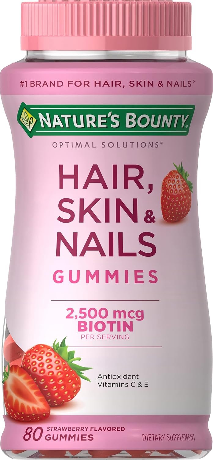 Nature’s Bounty Optimal Solutions Hair, Skin & Nails Vitamin Gummies with Biotin, 2500 mcg, Strawberry, 80 Count, 40 Total Servings