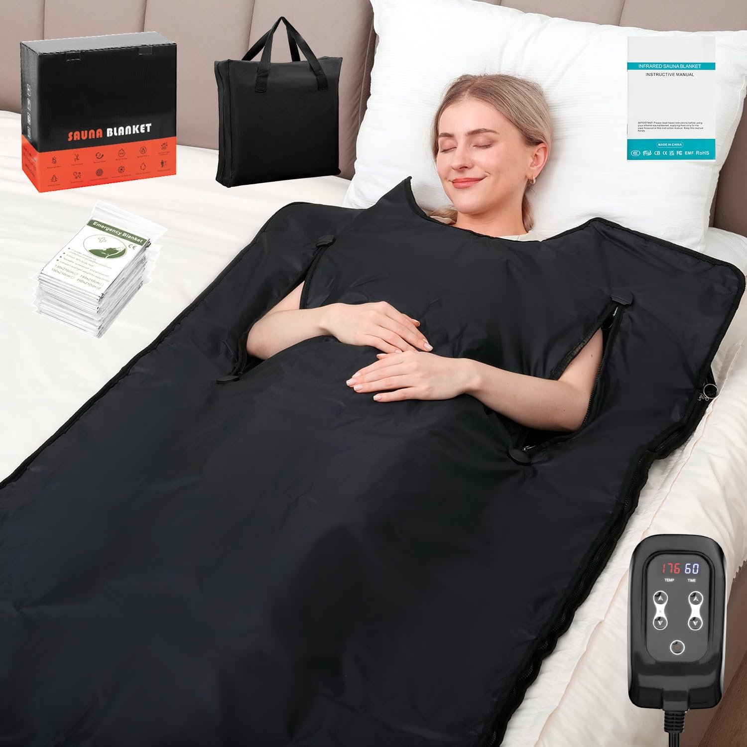 Sauna Blanket for Home: Extra Large Portable Sauna Blanket with Full Body Detox Wrap & Deep Heat Relaxation – Adjustable 86-176°F 20-60 Min Timer 74.8 x 35.5Inch