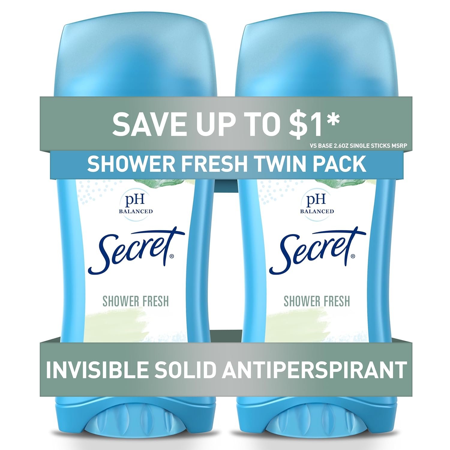 Secret Antiperspirant and Deodorant for Women, 24hr Sweat & Odor Protection, PH Balanced Protection, Gentle on Skin, Invisible Solid, Shower Fresh Scent, 2.6 oz (Pack of 2)