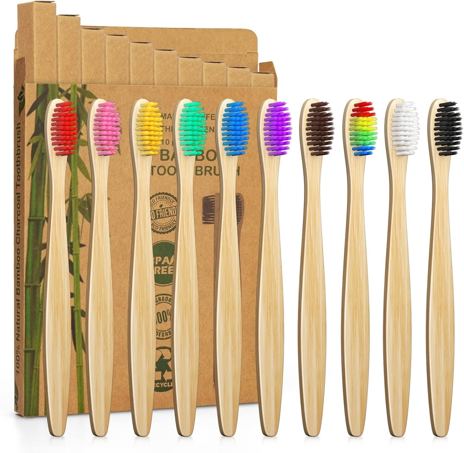 10 Vibrant Colors Bamboo Toothbrushes | BPA Free Soft Bristles Toothbrushes | Biodegradable & Compostable Eco-Friendly Toothbrushes | Natural Wooden Toothbrush – 100% Recycled Packaging