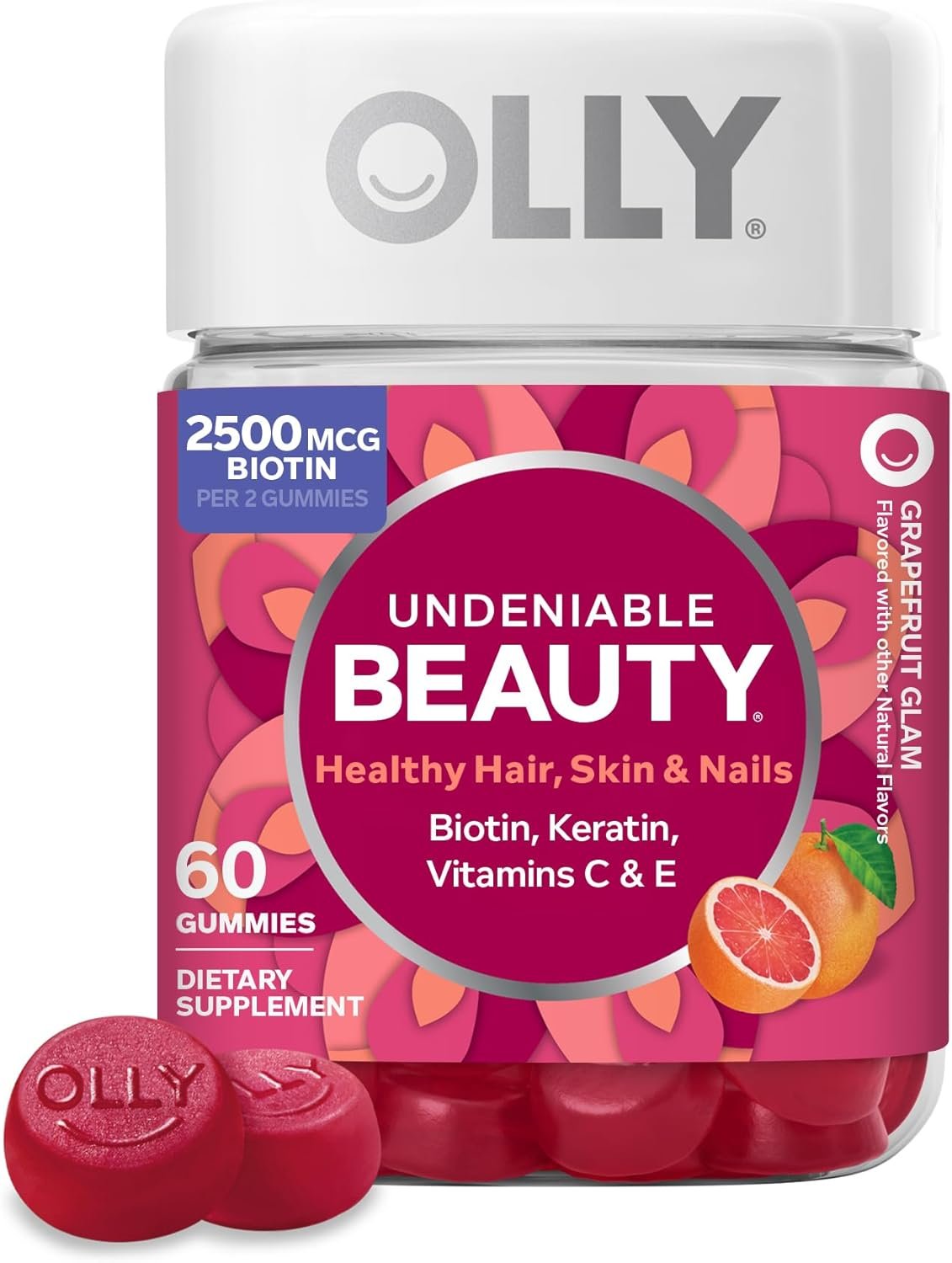 OLLY Hair Skin and Nails Gummies – Undeniable Beauty with Biotin 2500mcg Per 2 Gummies, Keratin & Vitamin C – Supports Healthy Hair, Skin, & Nails – Grapefruit Flavor – 60 Count