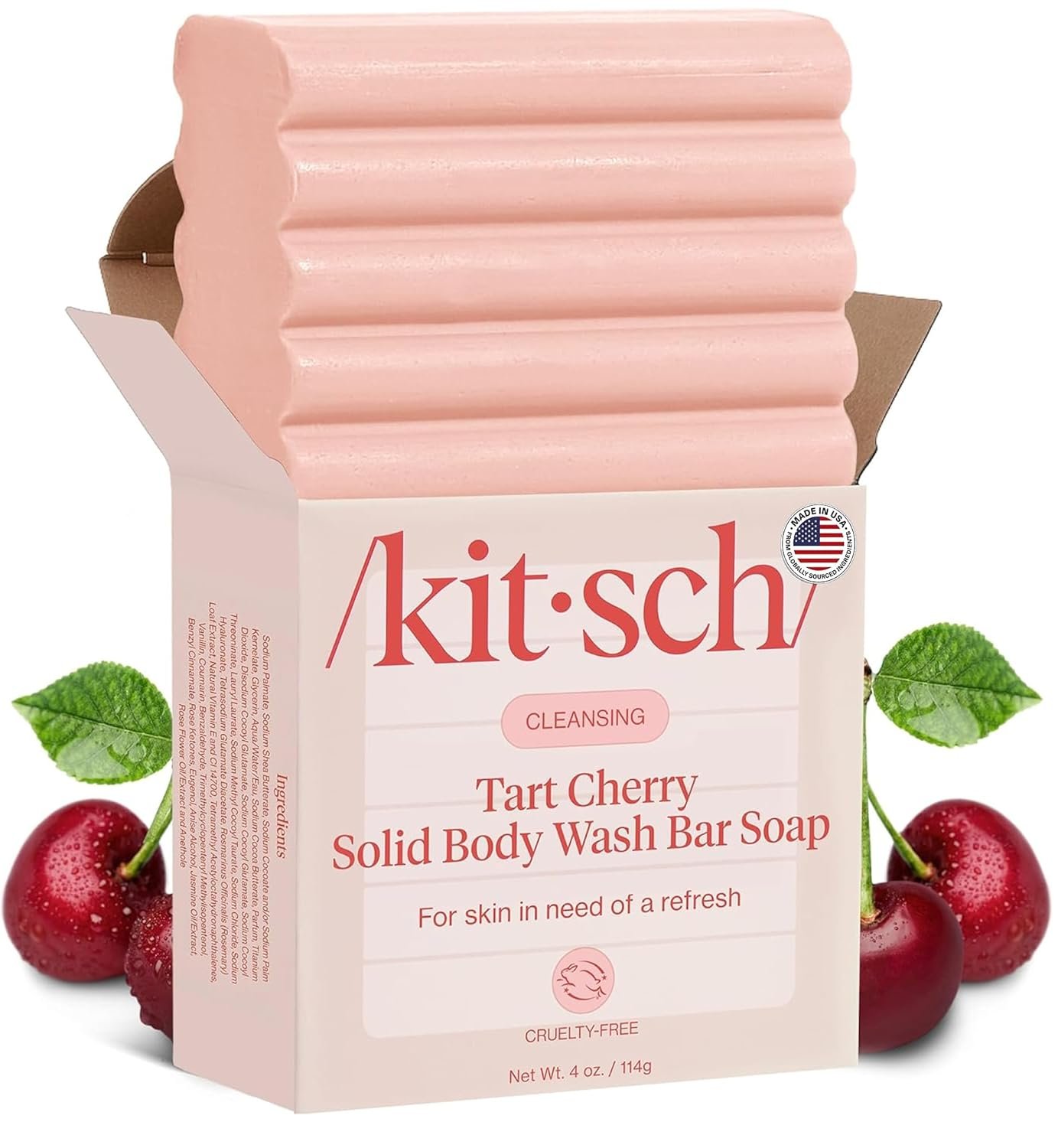 Kitsch Cleansing Tart Cherry Soap Bar with Refreshing Scent – Eco-Friendly Body Wash Women Love – Cherry Solid Bar Soap for Daily Use – Silicone, Sulfate and Paraben Free, Made in USA – 4oz