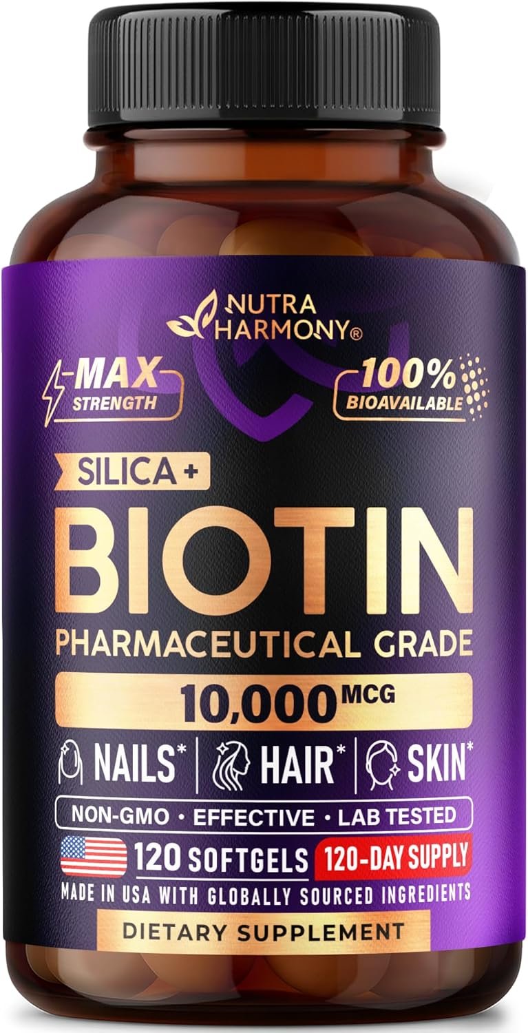 Biotin 10000 mcg with Silicon – Pharmaceutical Grade Biotin Supplement for Women – Hair Growth Support, Skin & Nails – Max Strength & 100% Bioavailability – Lab Tested – 120 Softgels, 120 Days Supply