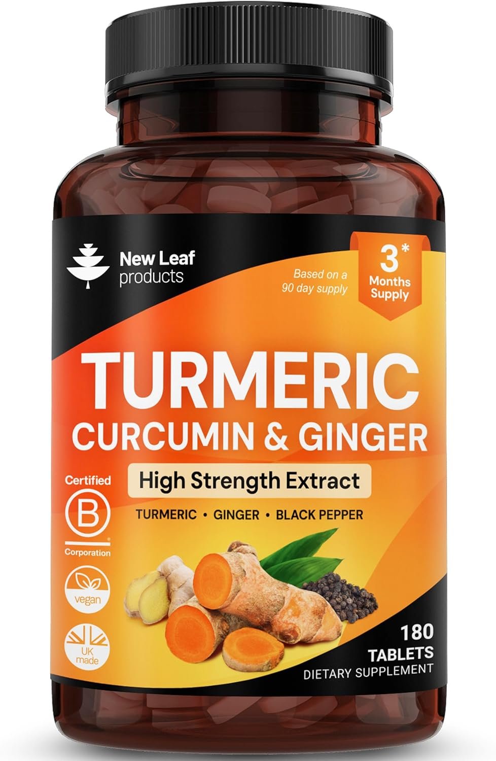 Turmeric Tablets with Black Pepper & Ginger – Curcumin – 180 Turmeric and Black Pepper Tablets (3 Month) High Strength Active Turmeric Supplements Not Capsules, by New Leaf