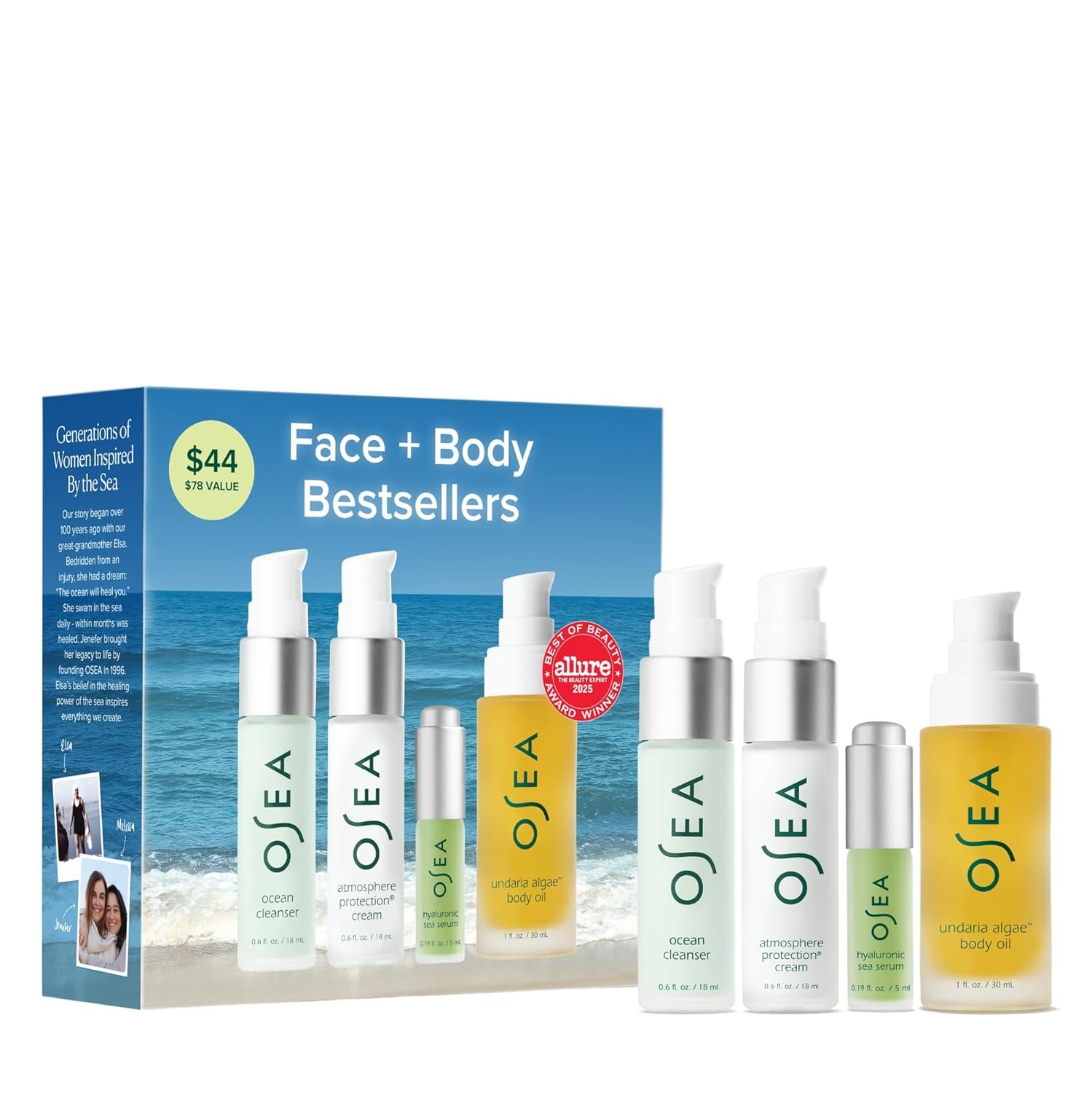 OSEA Bestsellers Set For Face + Body -4-piece Skin Care Set – Body Oil, Face Cleanser, Face Cream, & Hyaluronic Acid Serum – Clean Beauty Travel Set – Ideal for Beauty Gifts