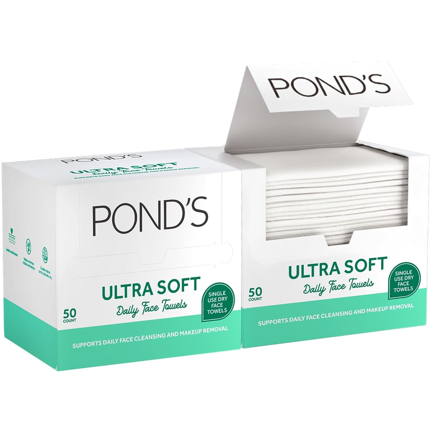 POND’S Disposable Face Towel 2-Pack (50 Per Box) – Ultra Soft Biobased Dry Face Towels – Clean & Hygienic Makeup Remover Wipes, Facial Cleansing, Exfoliating, Gentle on Sensitive Skin