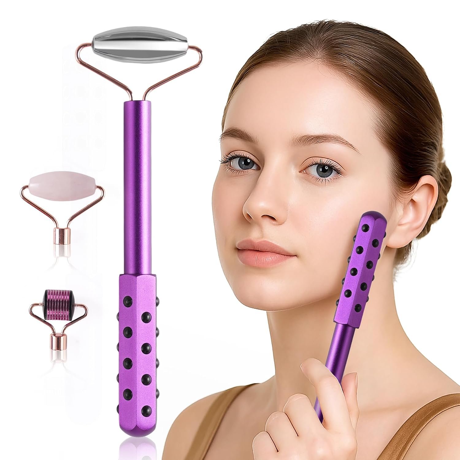 4-in-1 Germanium Stone Face Massager Beauty Roller for Up Lifting and Skin Care, Anti-Aging Beauty Tool with 3 Replaceable Heads – Jade Stone, Stainless Steel and 0.25mm Microneedle
