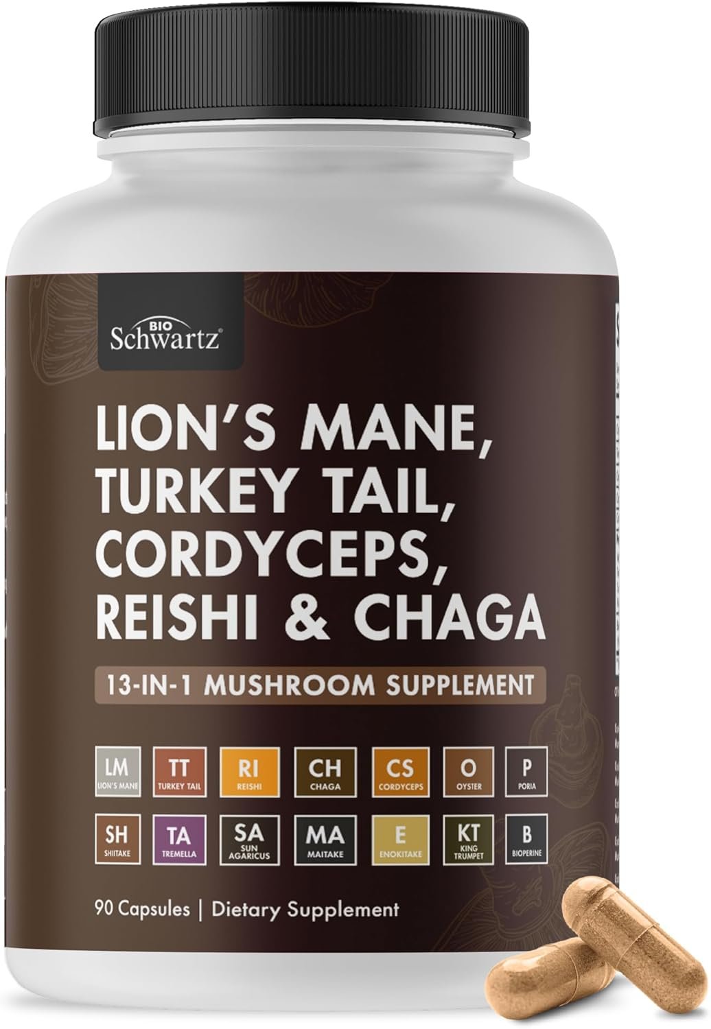 BioSchwartz 13-in-1 Mushroom Complex Capsules – Organic Mushroom Supplement with Lions Mane, Chaga, Reishi, Cordyceps – Supports Focus, Energy, Immune System – with BioPerine for Absorption, 90 Count