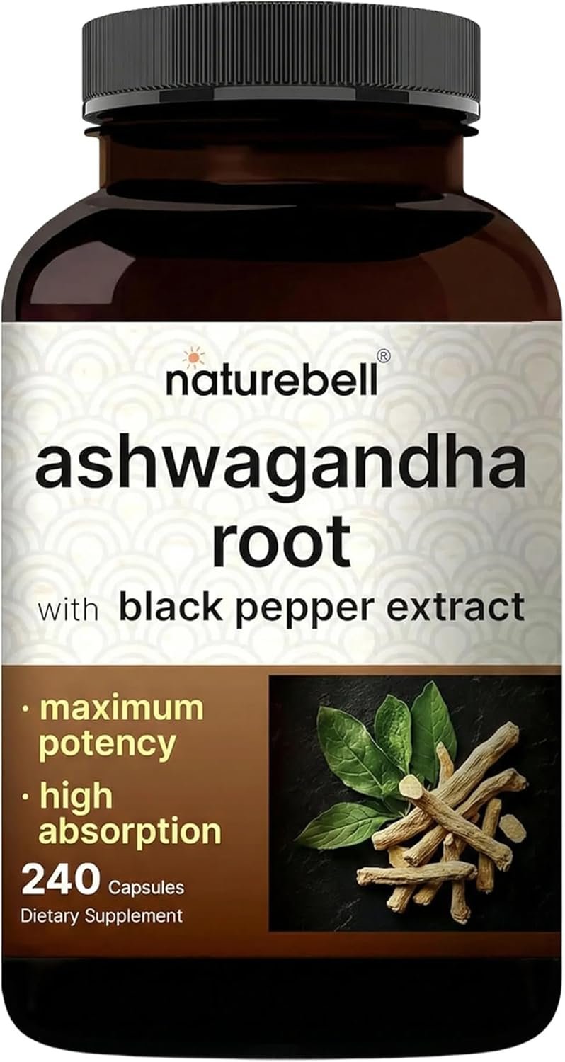 NatureBell Ashwagandha Root with Black Pepper Extract – 240 Capsules – High Strength Adaptogen for Calmness, Relaxation & Immune Support