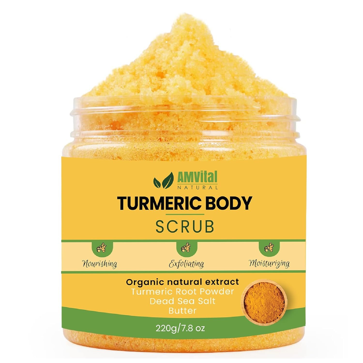 AMVital Turmeric Body Scrub – Handmade Natural Scrub For Body, Face, Hand, and Foot – Natural Skincare Body Scrub For Women – Suitable for All Skin Types (7.8oz)