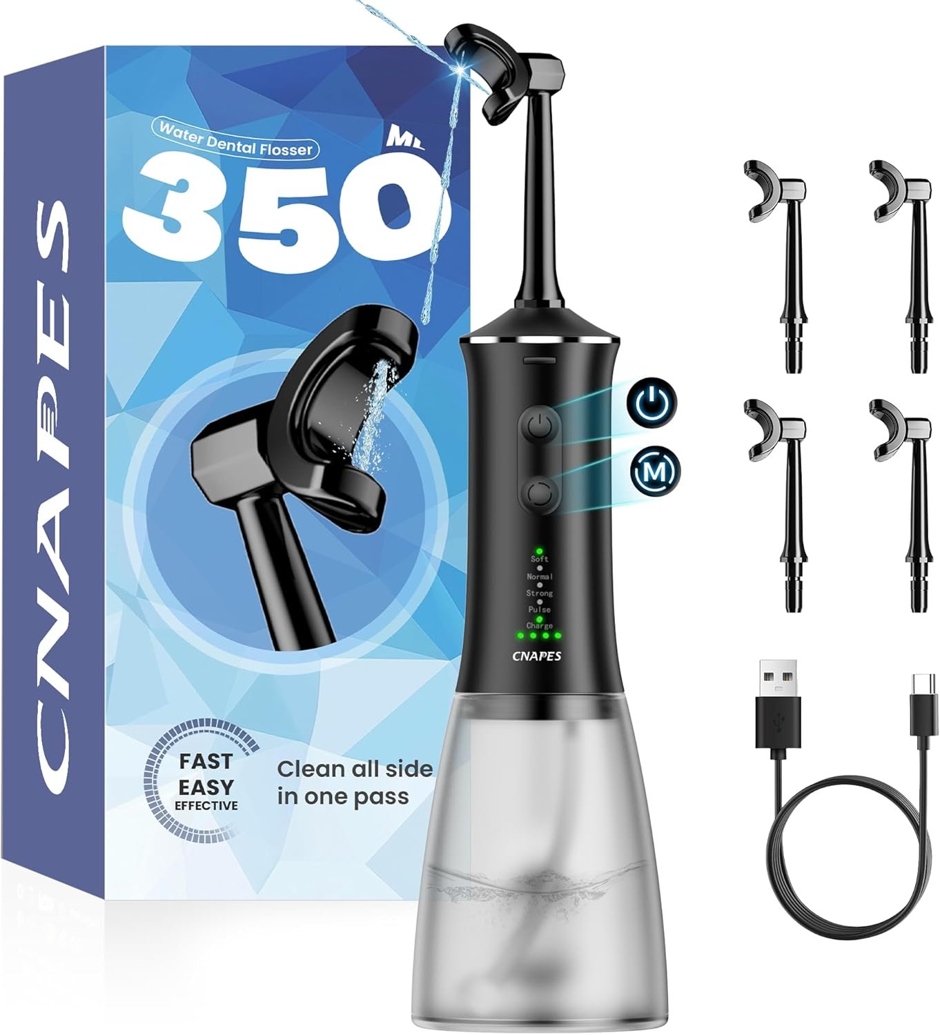 Cordless Water Flosser for Teeth, U-Shaped Nozzle Deep Cleans Inner & Outer, 4 Modes, 350ML Large Tank, IPX7 Waterproof, Rechargeable Portable Oral Irrigator for Braces & Travel
