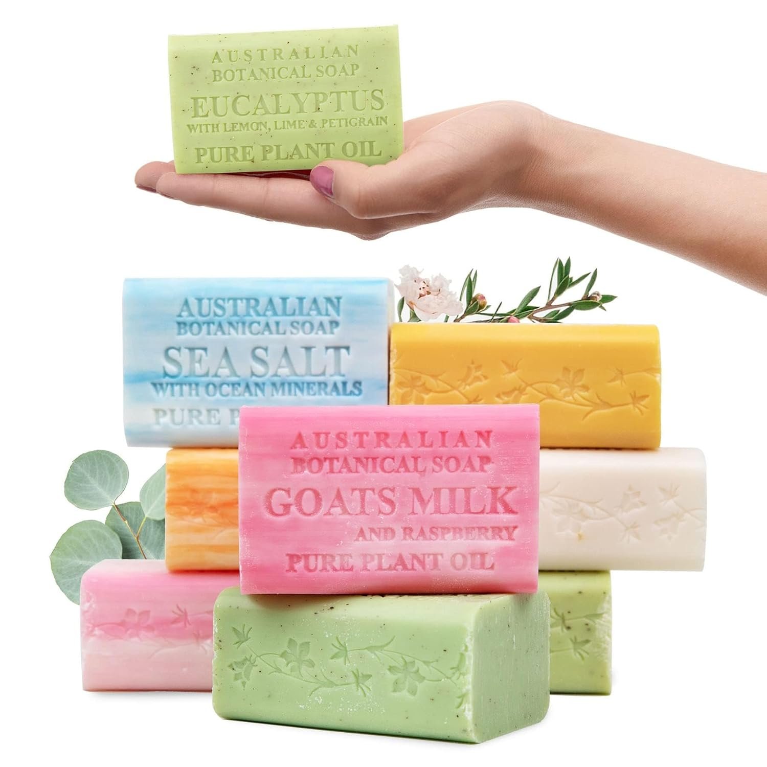 Australian Botanical Soap Variety Pack, 6.6 oz Bars – Goat Milk, Eucalyptus, Manuka Honey, Sea Salt, Pink Lychee, Lemongrass, Raspberry, Valencia Orange – Enriched with Organic Shea Butter, Pack of 8