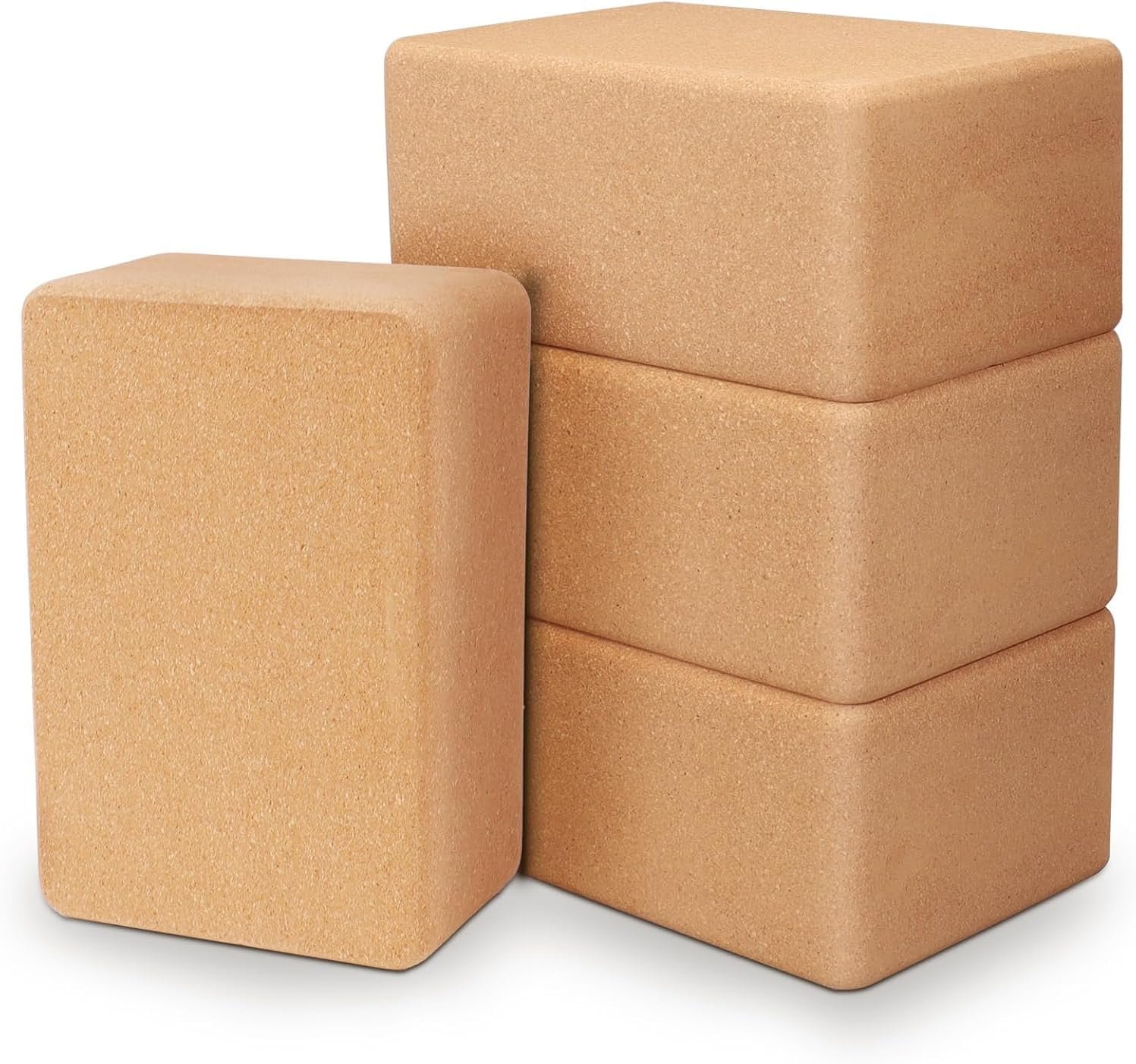 4 Pack Cork Yoga Blocks, Non Slip and High Density Yoga Blocks, Natural Wood Brick for Exercise, Pilates, Stretching, Balance, Gym, Home Workout,9 x 6 x 4Inch
