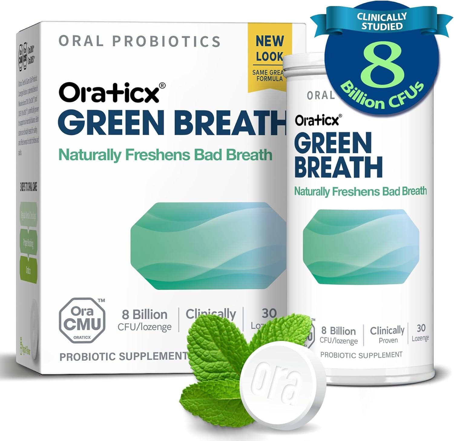 OraTicx Green Breath Oral Care Probiotics, Naturally Support Freshens Bad Breath & Healthy Mouth, Dental Probiotic Supplement 8 Billion CFU, Mint Flavor 30 Lozenges 1-PK