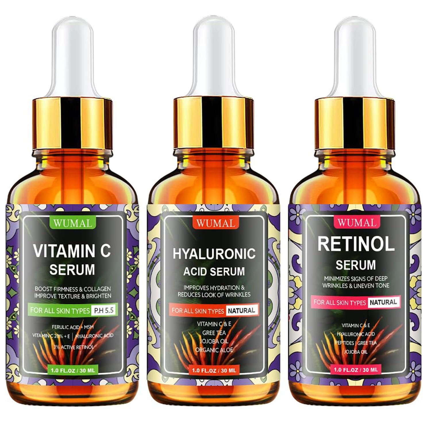 3 Pack Face Serum Set – Includes Vitamin C, Retinol & Hyaluronic Acid – Firming, Brightening & Hydrating – Reset Your Skin Day and Night