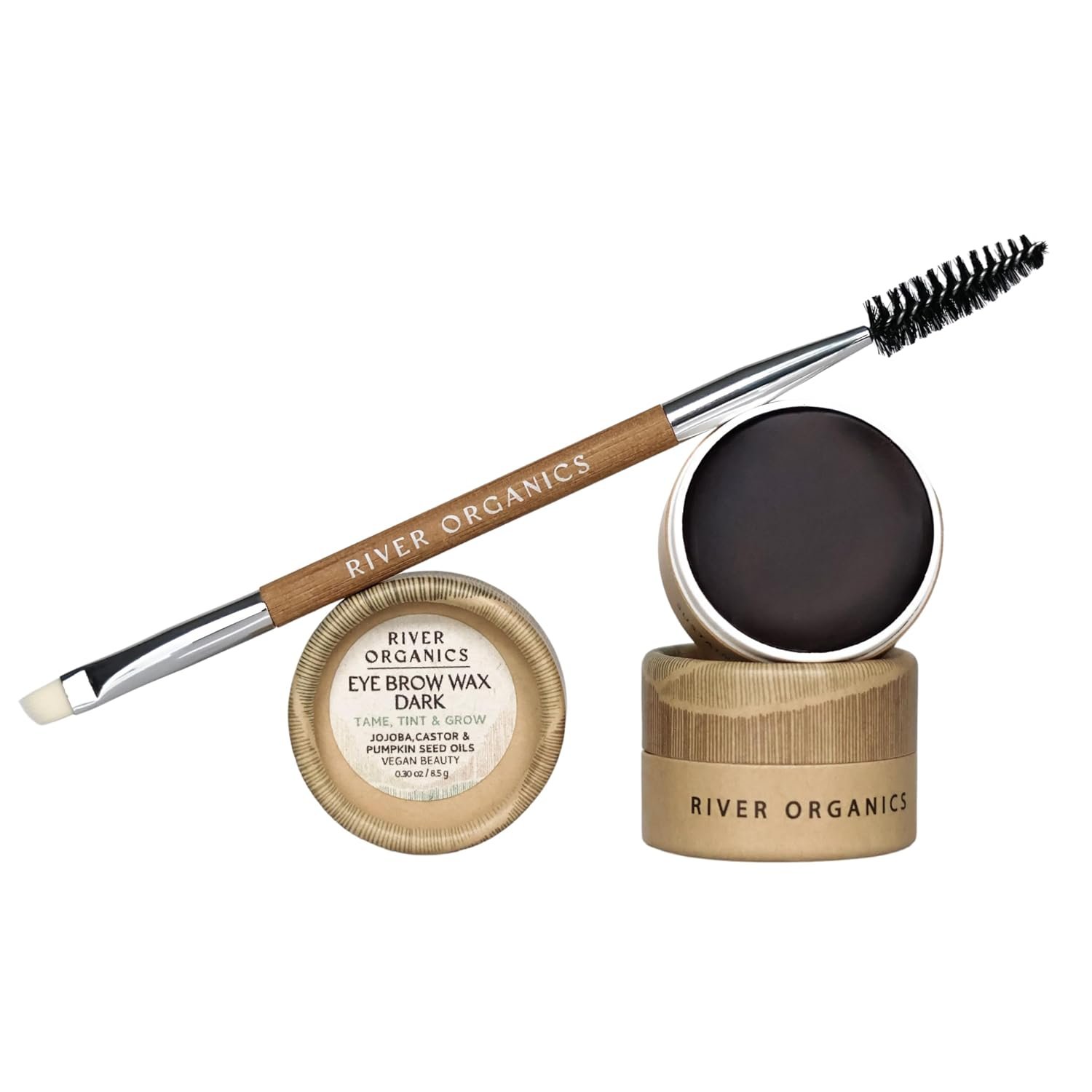 Zero Waste Eyebrow Wax & Growth Serum in Clear, Ash, Caramel, Chestnut, Dark by River Organics (Dark + Brush)
