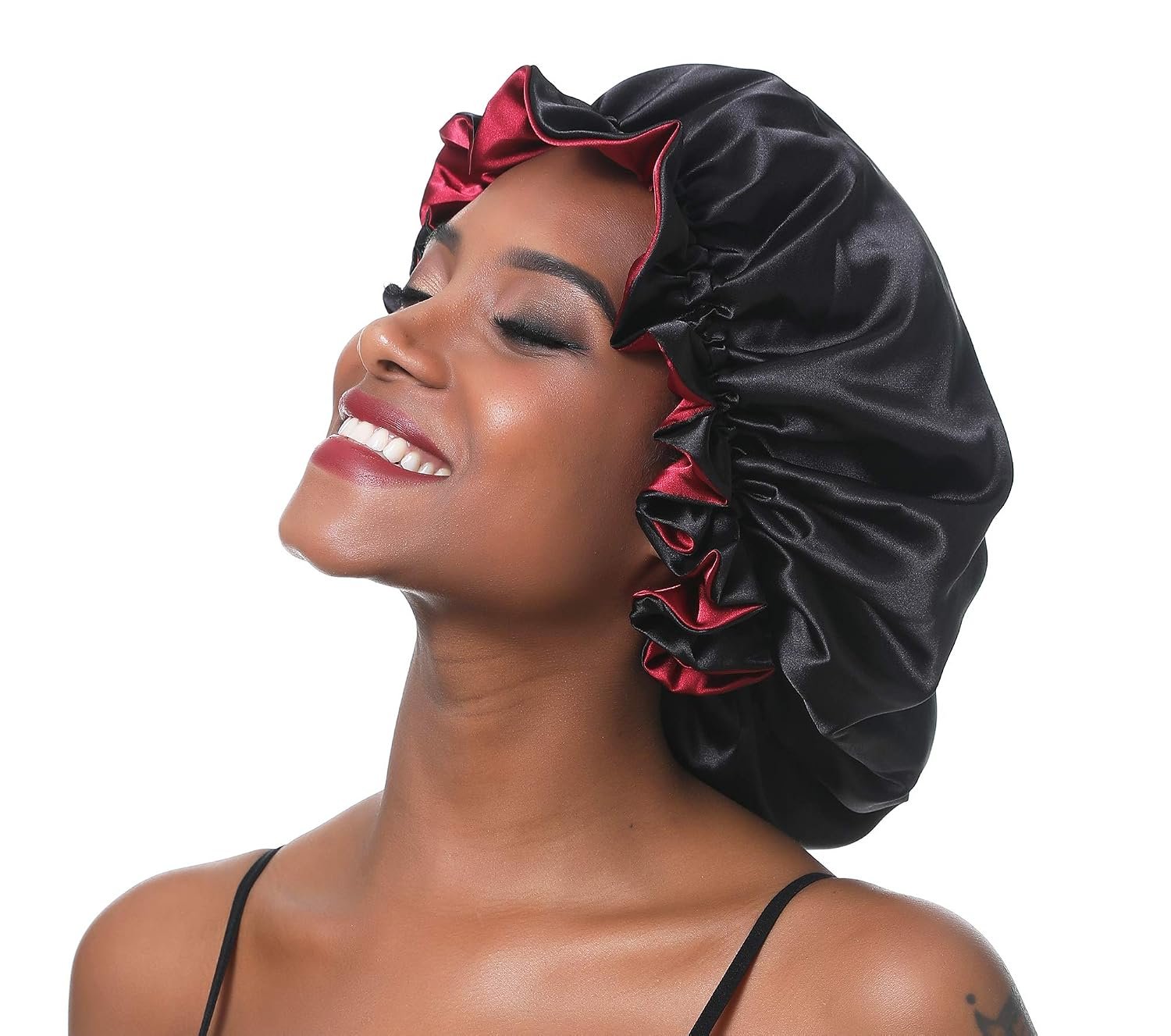 Women Large Satin Bonnet Adjustable Silky Sleep Cap Hair Bonnet Double Layered Reversible for Curly,Natural Hair (XL-Adult, XL Black-Red)