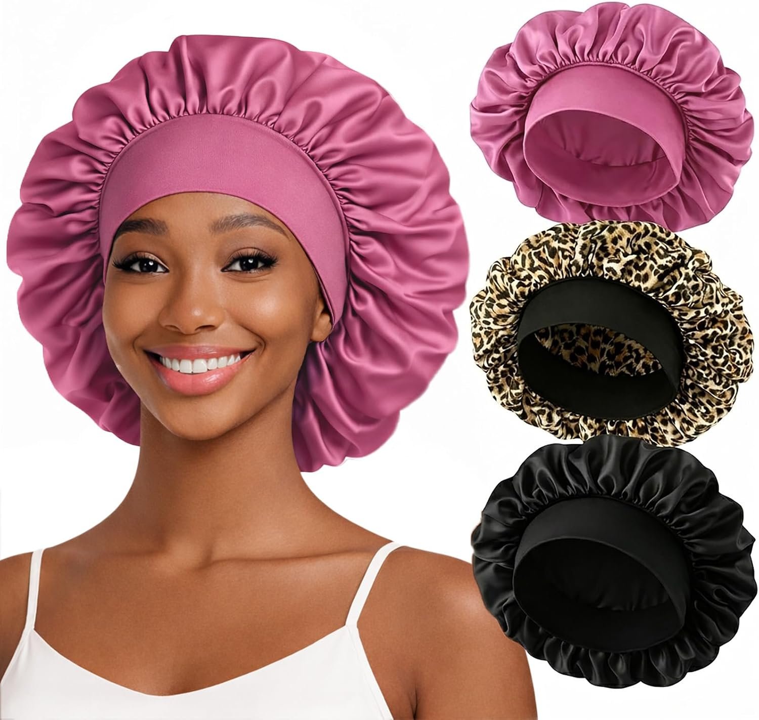 ZHENSILK 3PCS Silk Sleep Bonnet for Women, Large Satin Hair Caps with Elastic Band for Curly Hair and Frizz Control