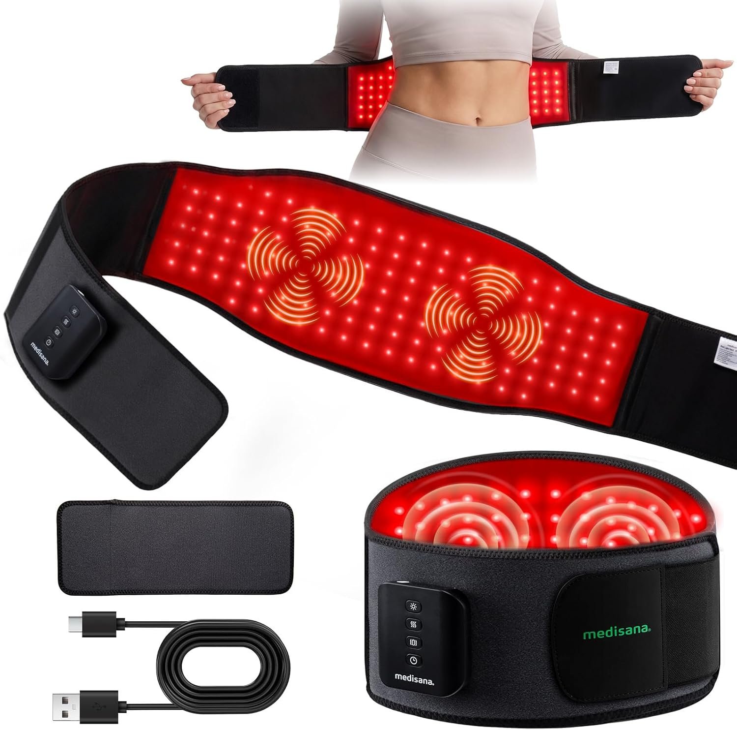 Medisana Cordless Red Light Therapy for Body, 660nm & 850nm Infrared Belt with 348 LEDs, FSA – HSA Eligible 3 Modes & 3 Heat Levels & 3 Vibration, 5000mAh Back Massager for Back Pain Relief