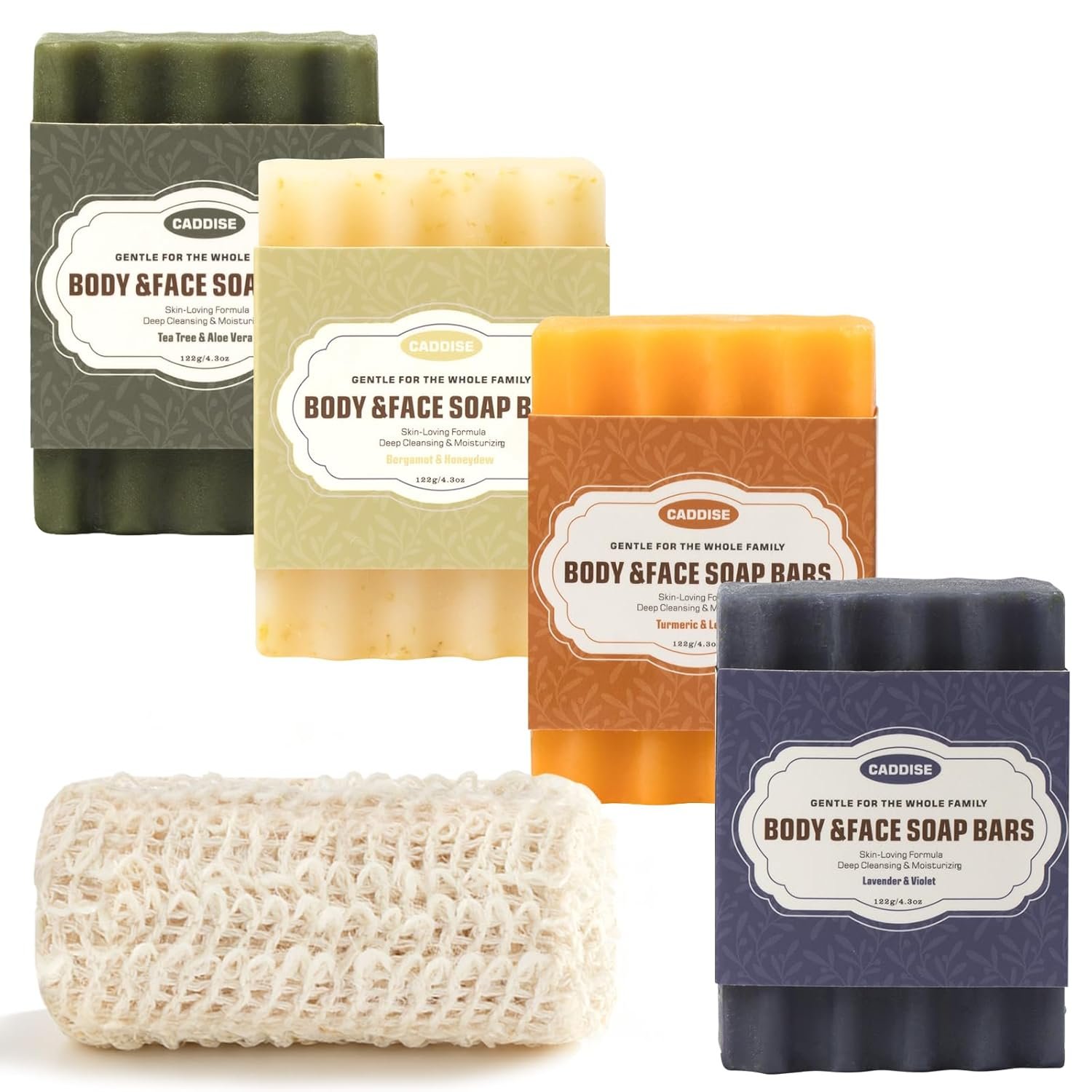 Natural Soap Bar – Handmade Soap with Foaming Pouch, Face & Body Wash, Moisturizing & Cleansing with Tea Tree & Coconut Oil, Shea Butter, Jojoba & Honey, Gift for Men & Women, 4 Pack 16.8 Oz